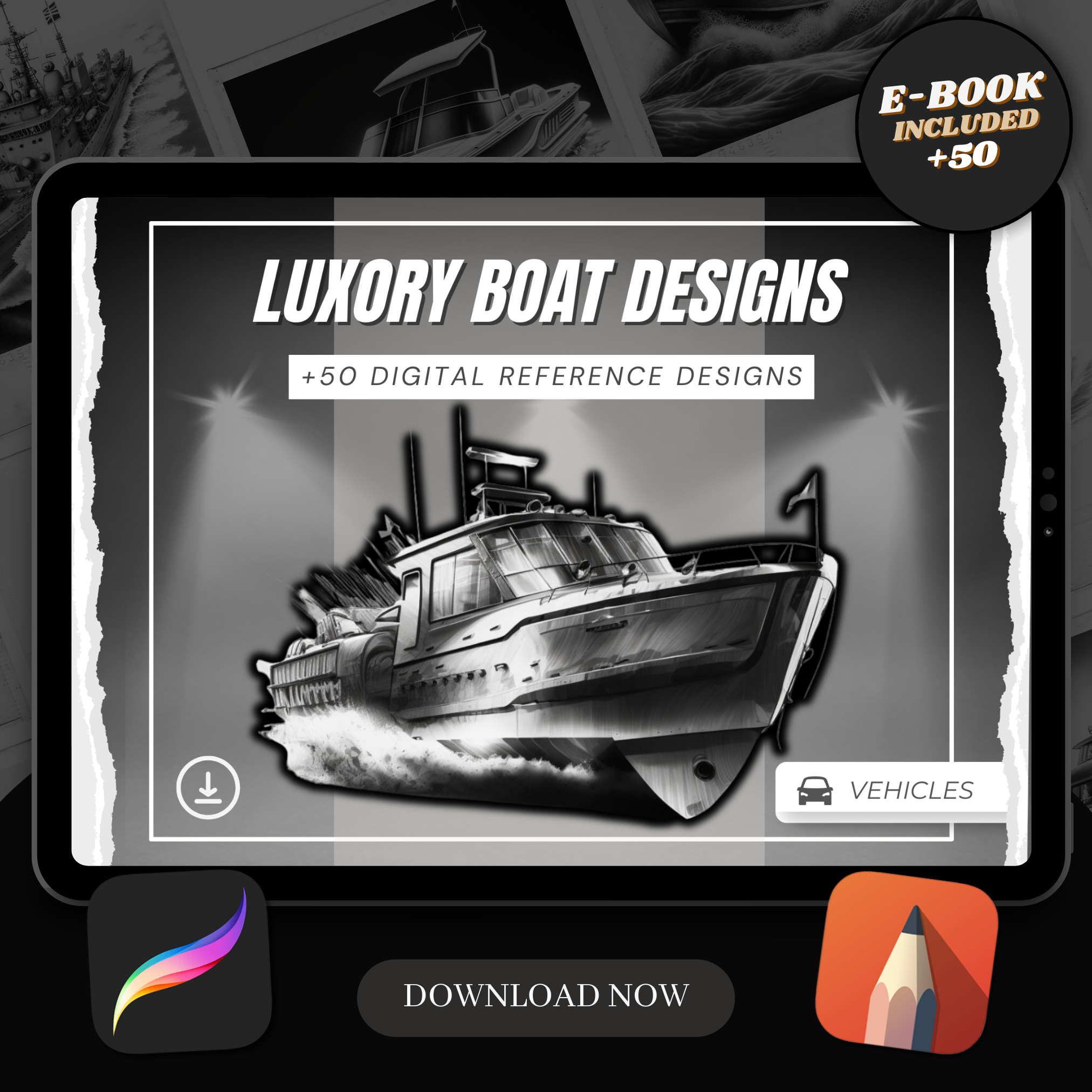Digitale Designsammlung „Boote“: 50 Procreate- und Skizzenbuchbilder