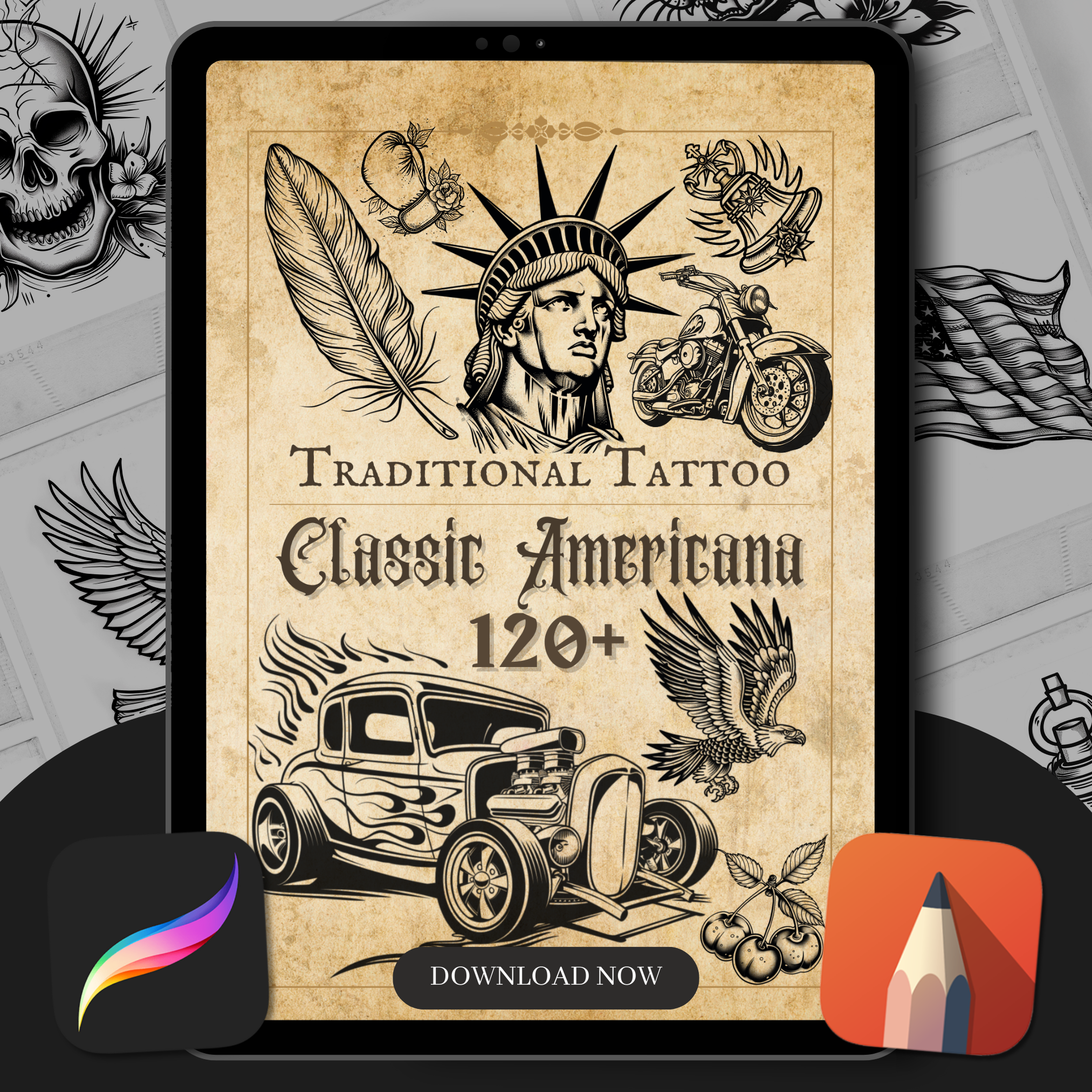 Traditional Classic America Flash Stamp Pack – Bold American Tattoo Designs for Procreate & Sketchbook