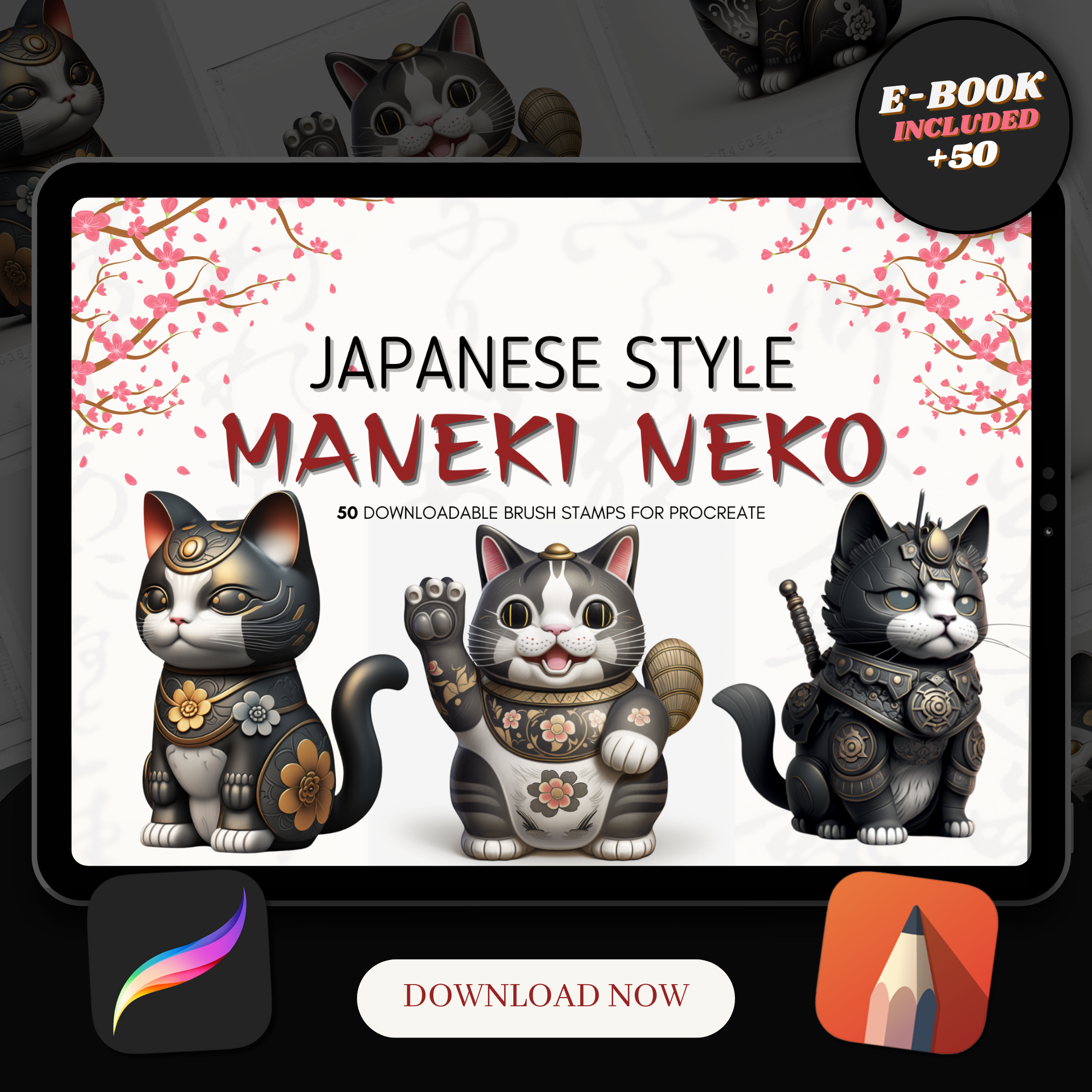 Colección de diseños de referencia digital Maneki Neko: 50 imágenes de Procreate y Sketchbook
