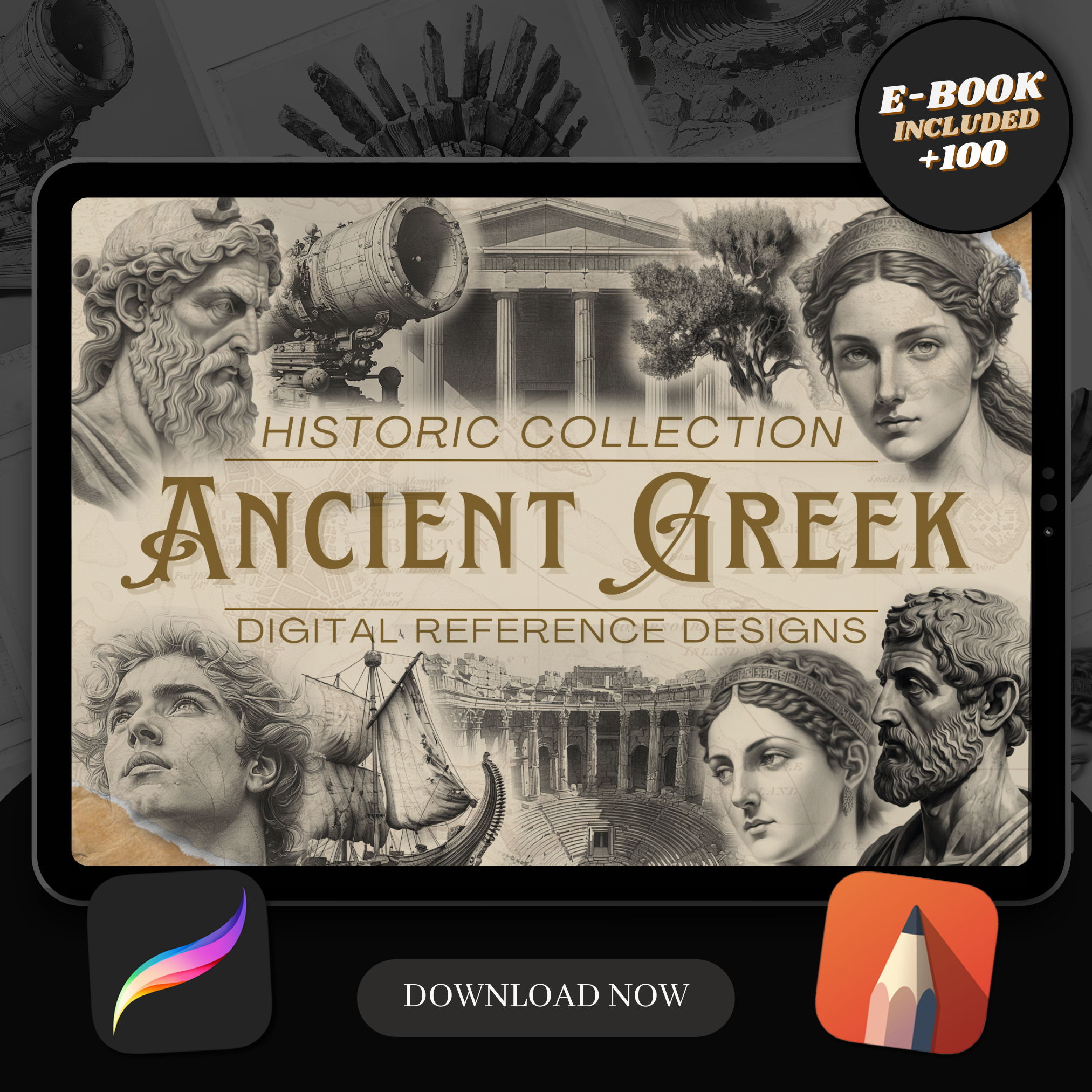 Colección de diseño digital de la antigua Grecia: 100 imágenes de Procreate y Sketchbook