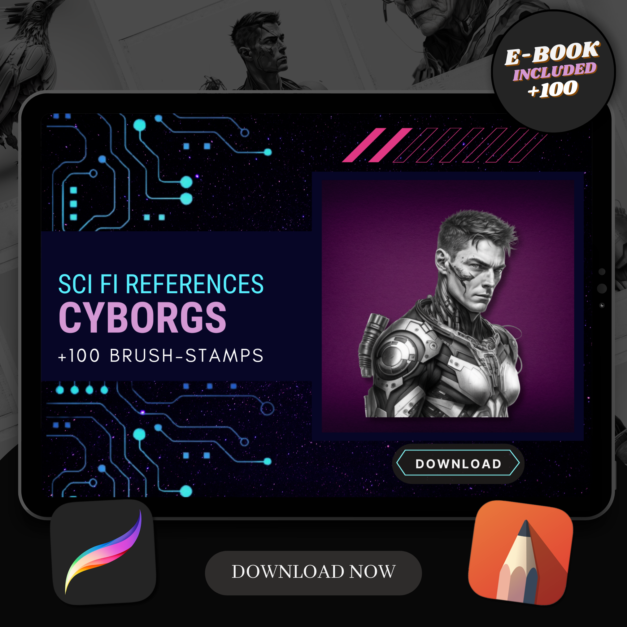 Cyborgs digitale Sci-Fi-Designsammlung: 100 Procreate- und Skizzenbuchbilder