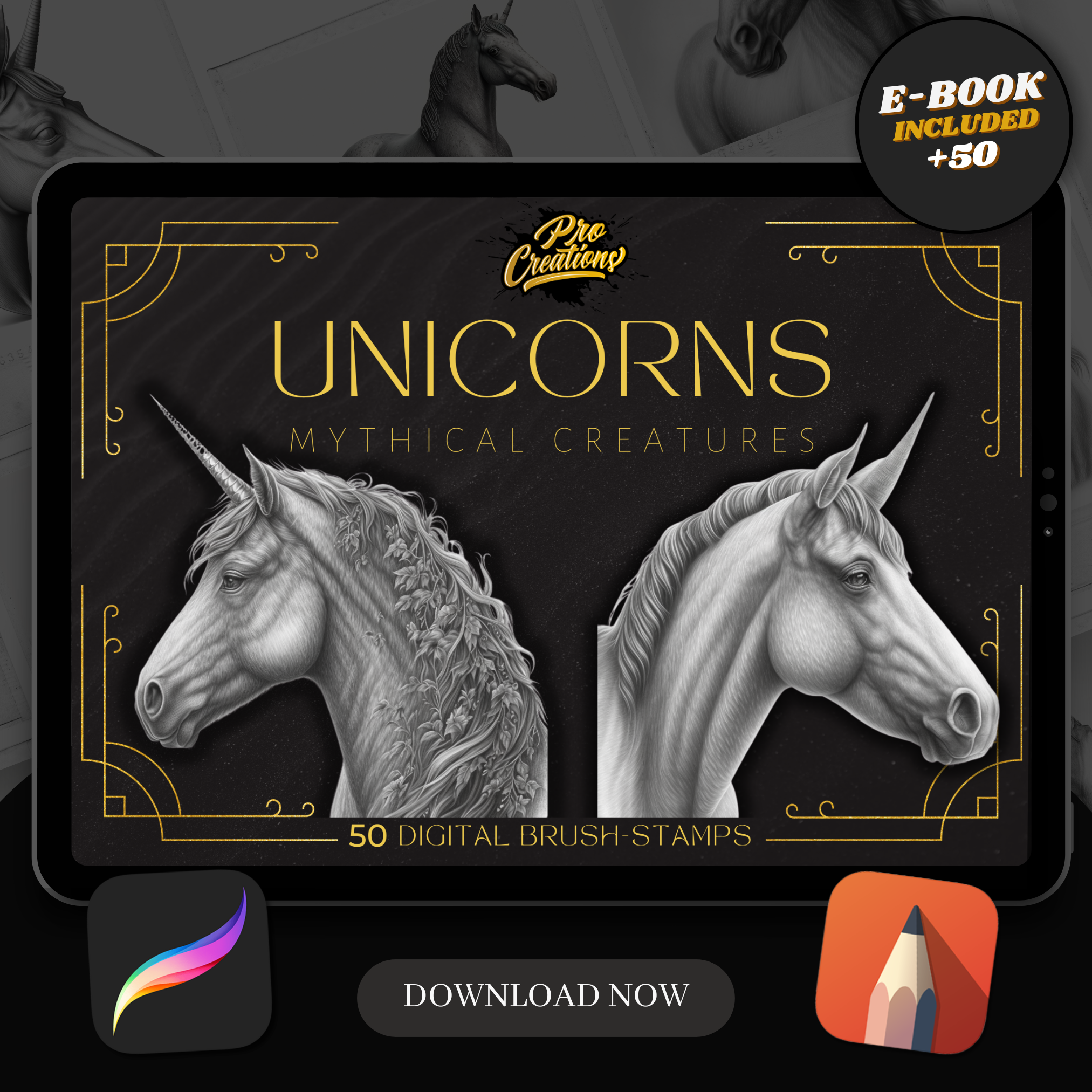 Colección de diseño digital Unicorns: 50 imágenes de Procreate y Sketchbook