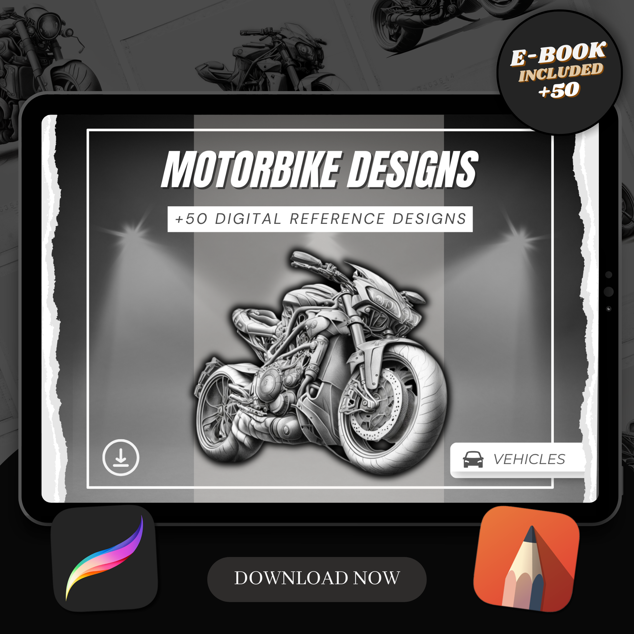Digitale Designsammlung für Motorräder: 50 Procreate- und Skizzenbuchbilder