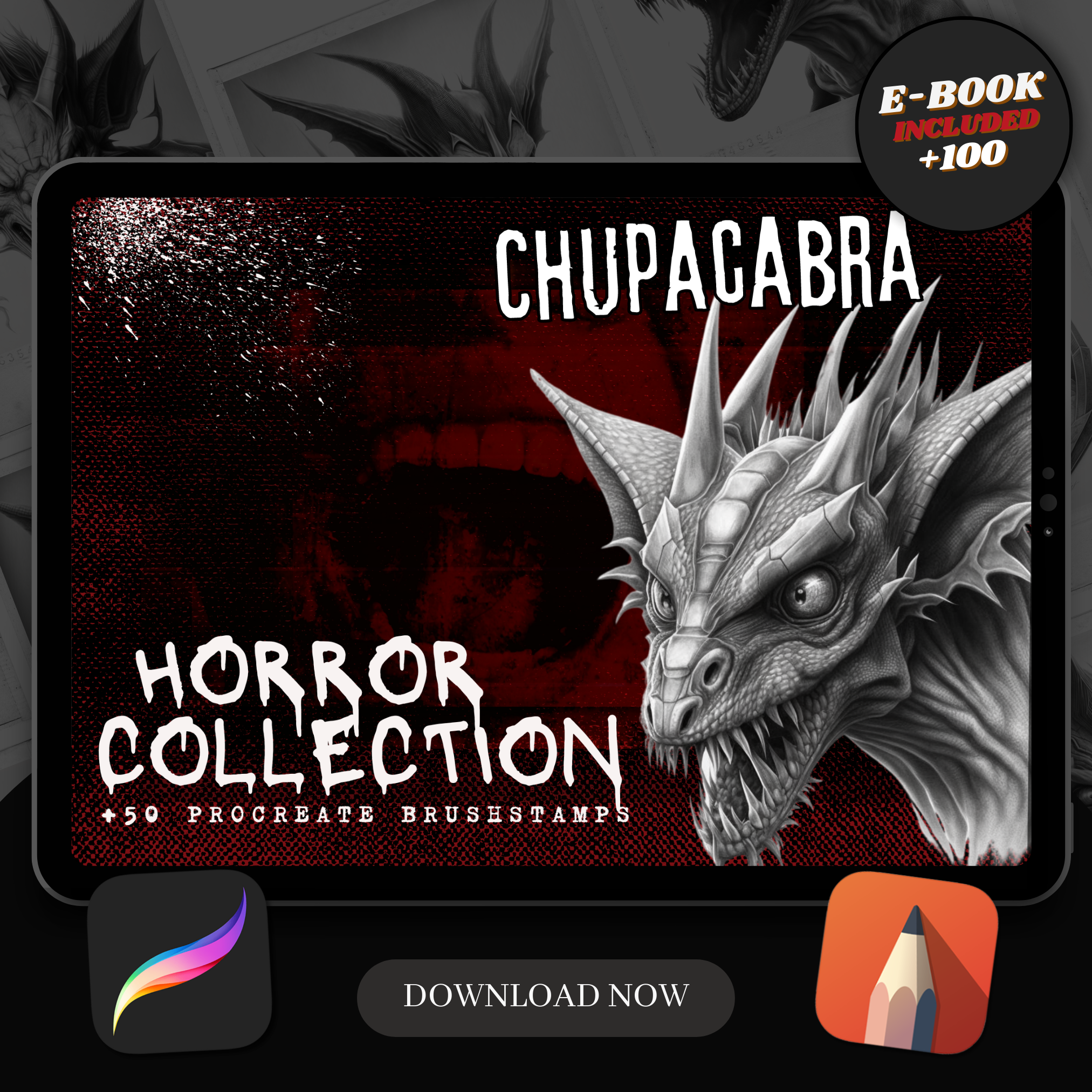 Colección de diseños de terror digital Chupacabra: 50 imágenes de Procreate y Sketchbook