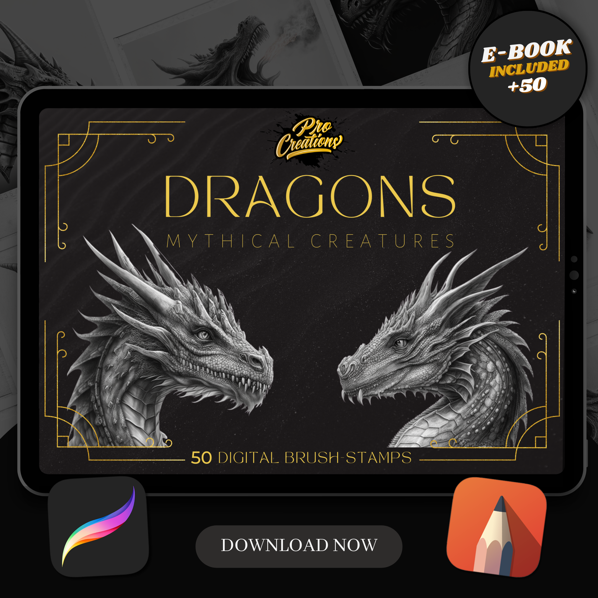 Digitale Designsammlung „Dragons“: 50 Procreate- und Skizzenbuchbilder