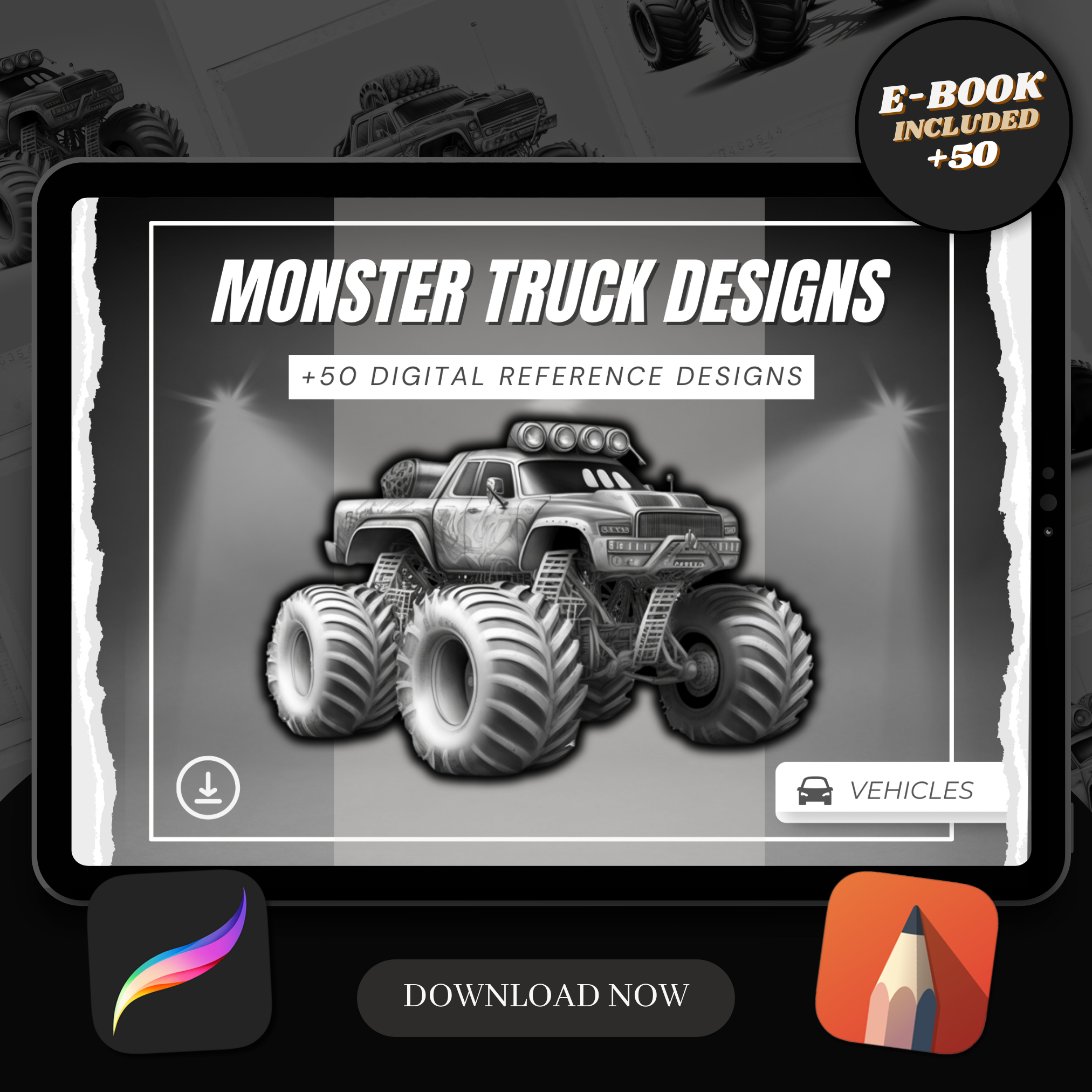 Monster Trucks Digitale Designsammlung: 50 Procreate- und Skizzenbuchbilder