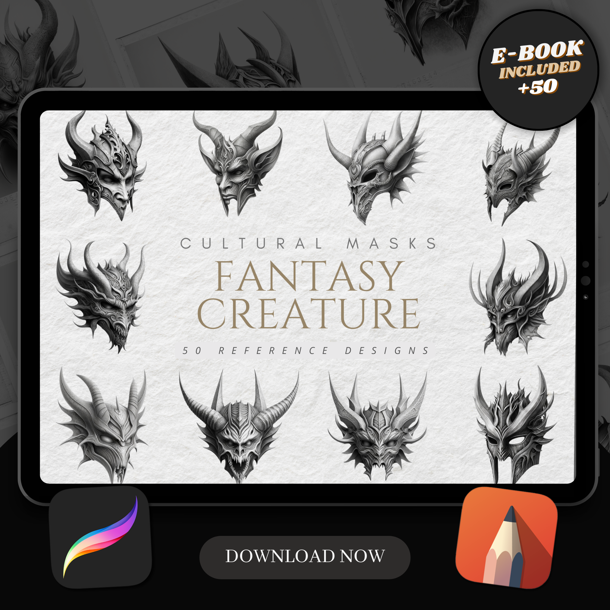 Digitale Referenzdesignsammlung mit Fantasy-Kreaturenmasken: 50 Procreate- und Skizzenbuchbilder