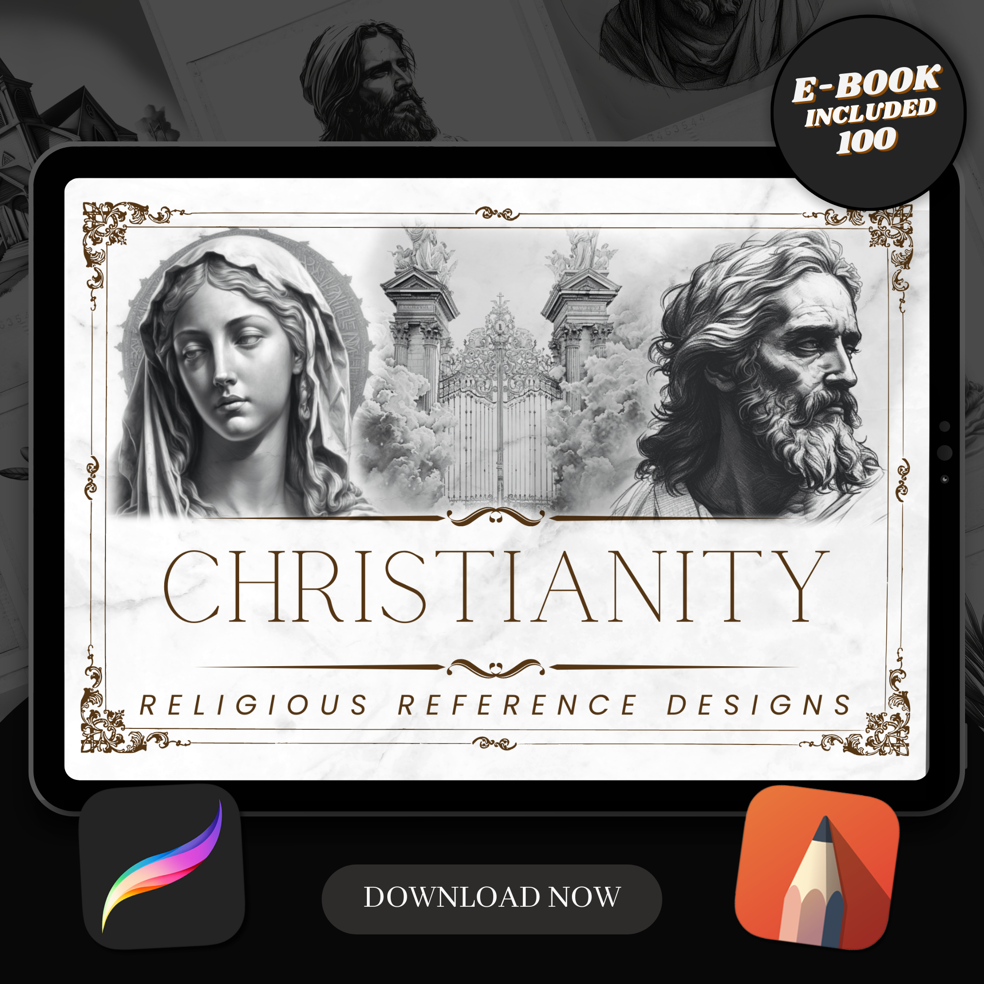 Digitale Designsammlung zum Thema Christentum: 100 Procreate- und Skizzenbuchbilder