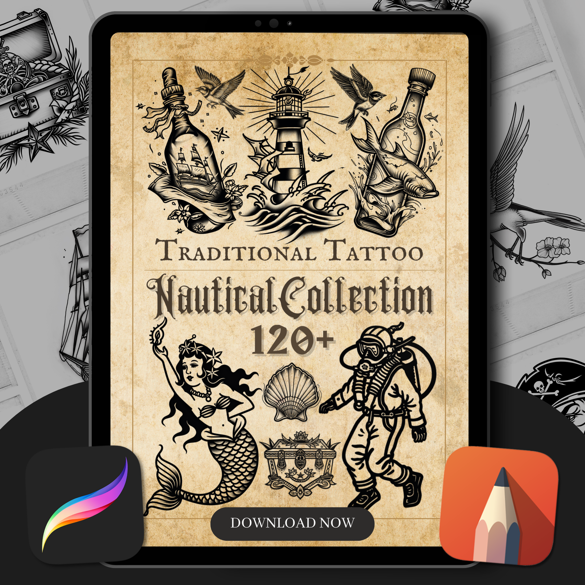 Traditional Nautical Flash Stamp Pack – Bold Maritime Tattoo Designs for Procreate & Sketchbook