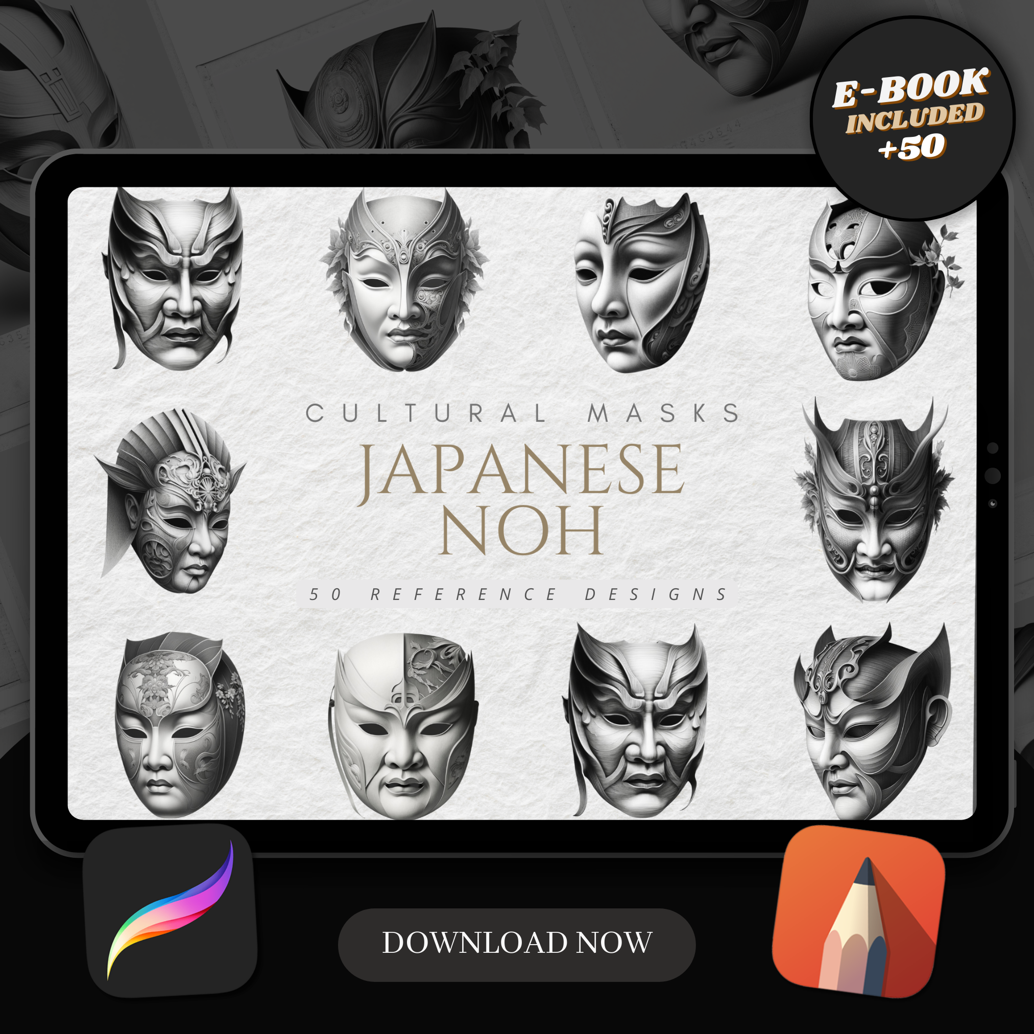 Colección de diseños de referencia digital de máscaras japonesas Noh: 50 imágenes de Procreate y Sketchbook
