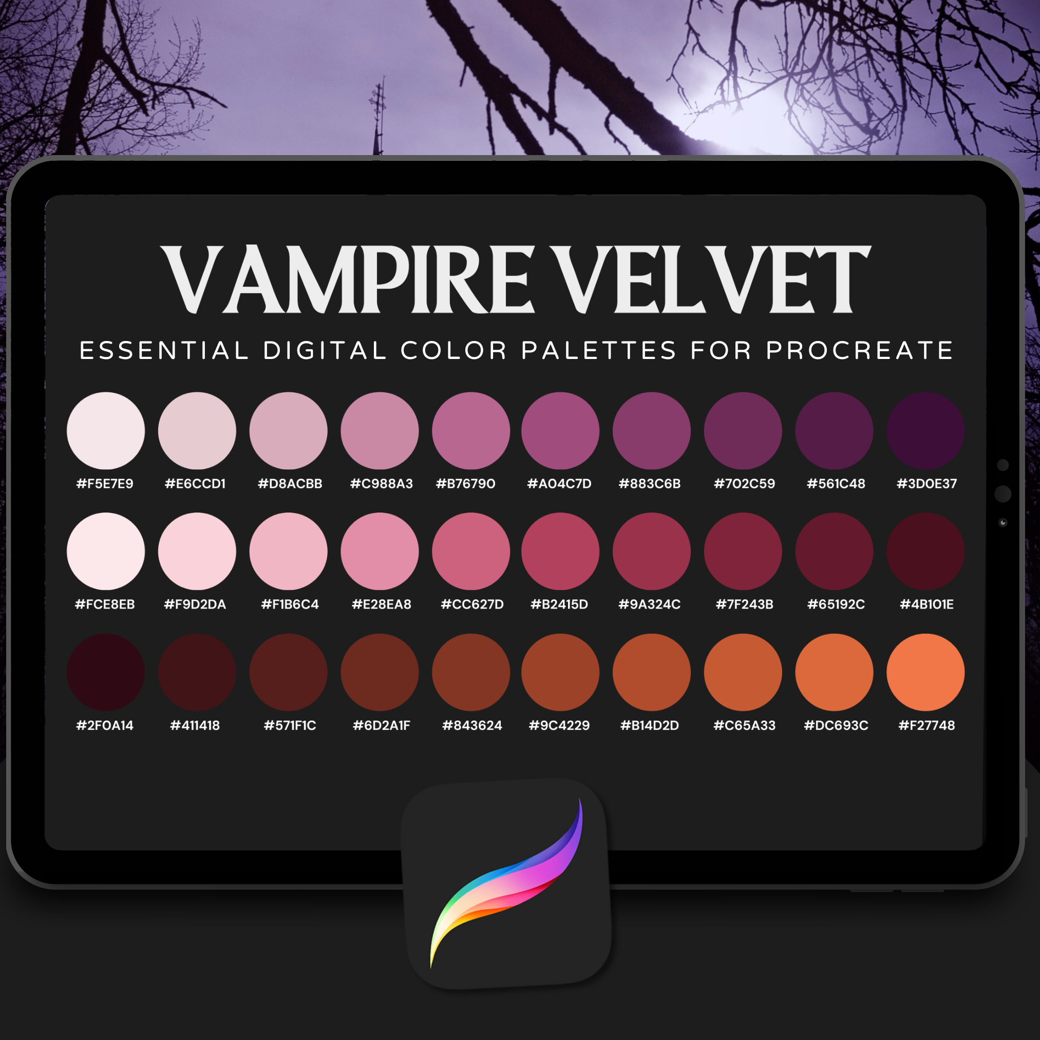 Vampire Velvet Color Palette for Procreate – Gothic Crimson Tones + Hex Chart