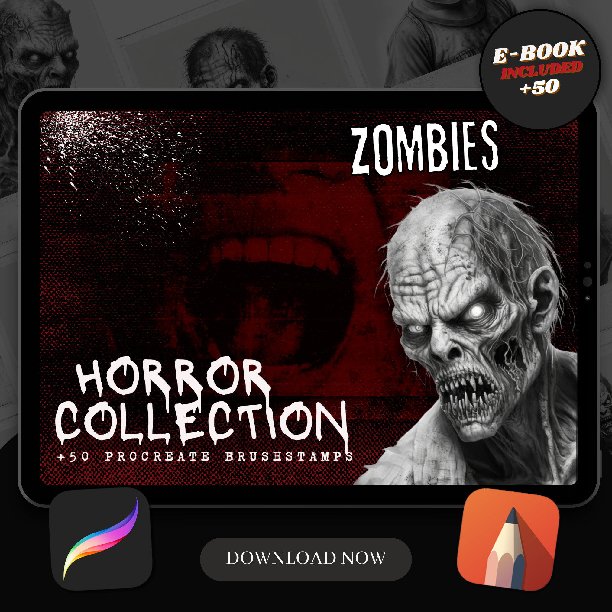 Colección de diseños de terror digital Zombies: 50 imágenes de Procreate y Sketchbook