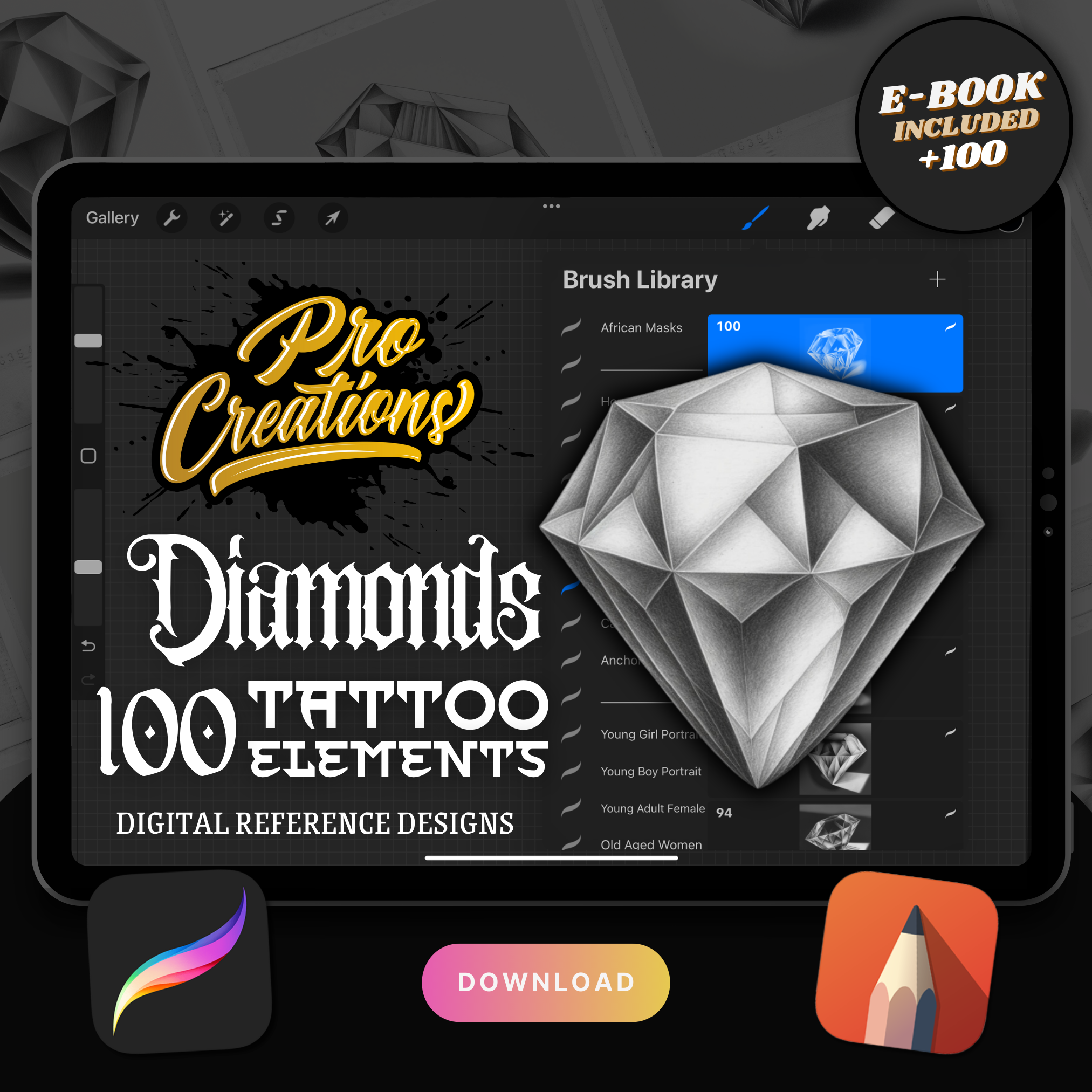 Colección de diseño de elementos de tatuaje digital Diamonds: 100 imágenes de Procreate y Sketchbook