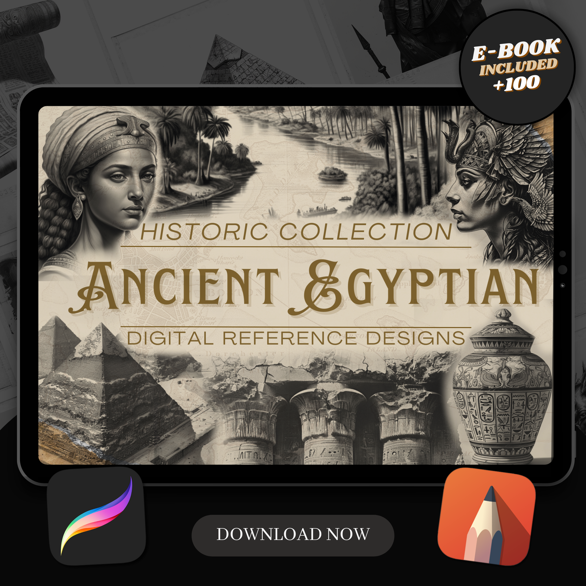 Digitale Designsammlung zum alten Ägypten: 100 Procreate- und Skizzenbuchbilder