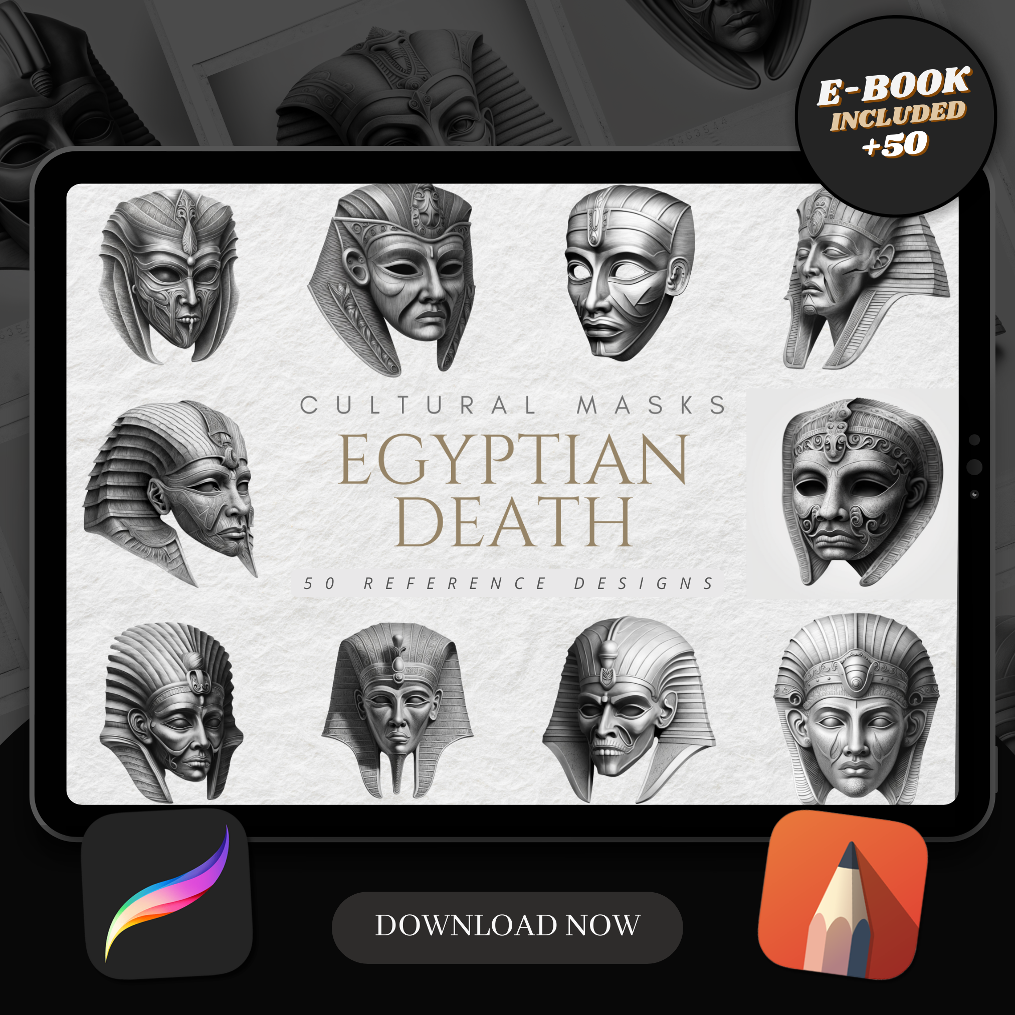 Colección de diseños de referencia digital de máscaras mortuorias egipcias: 50 imágenes de Procreate y Sketchbook