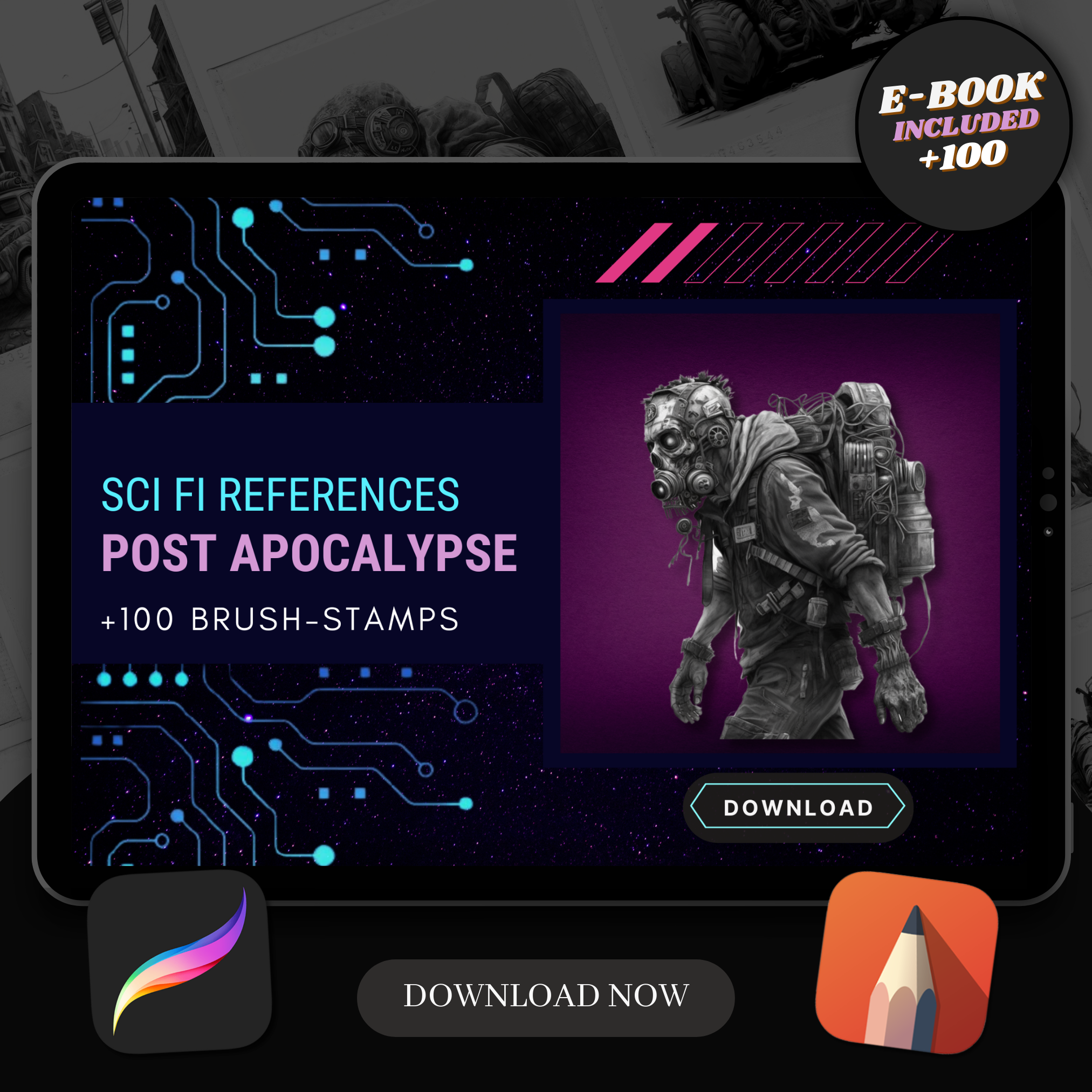 Digitale Sci-Fi-Designsammlung nach der Apokalypse: 100 Procreate- und Skizzenbuchbilder