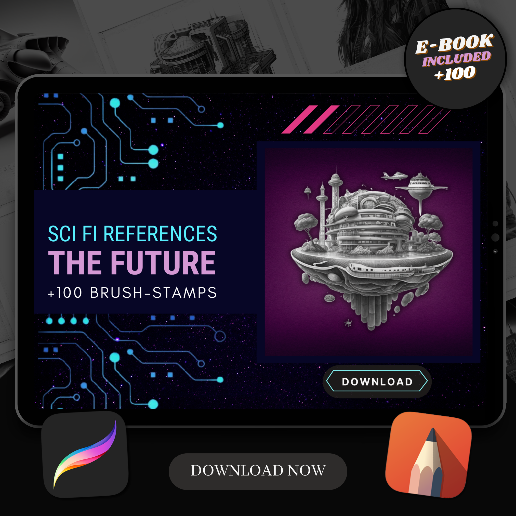 Die zukünftige digitale Sci-Fi-Designsammlung: 100 Procreate- und Skizzenbuchbilder