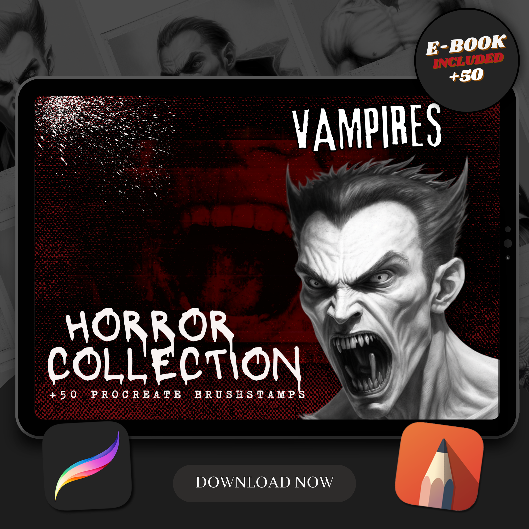 Digitale Horror-Designsammlung „Vampire“: 50 Procreate- und Skizzenbuchbilder