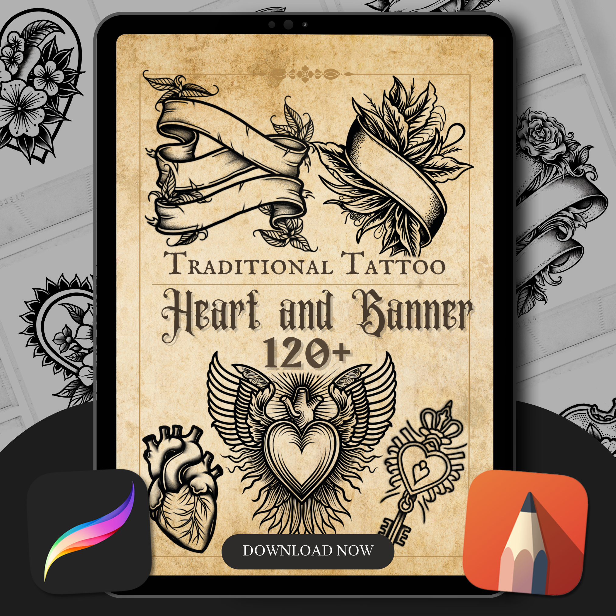 Traditional Heart and Banner Flash Stamp Pack – Classic Tattoo Designs for Procreate & Sketchbook