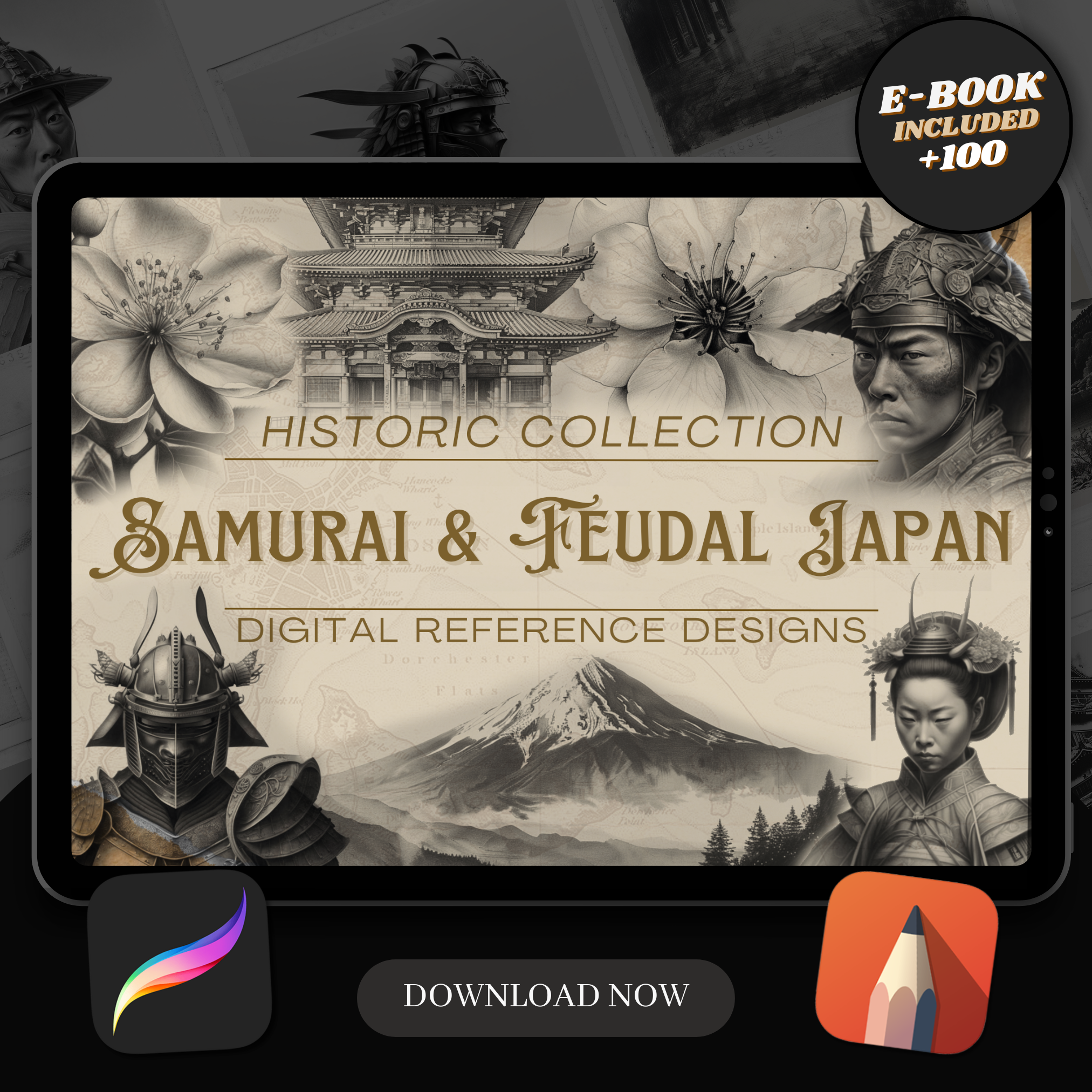 Colección de diseño digital de samuráis y el Japón feudal: 100 imágenes de Procreate y Sketchbook