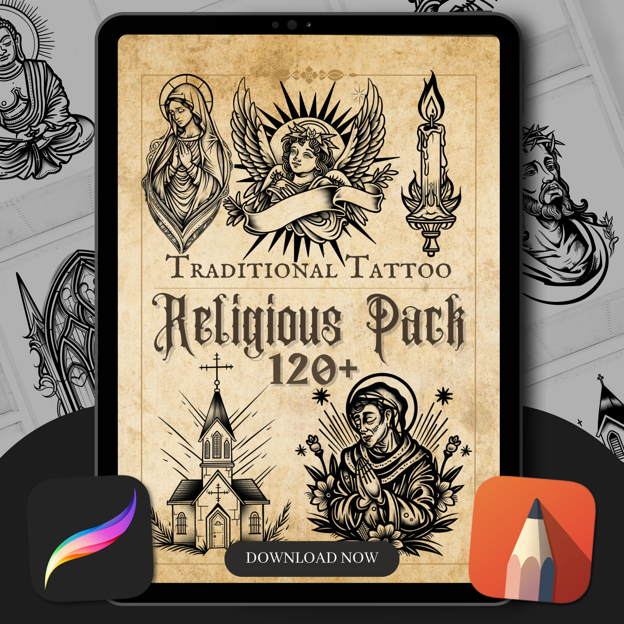 Traditional Spiritual & Religious Flash Stamp Pack – Classic Religious Tattoo Designs for Procreate & Sketchbook