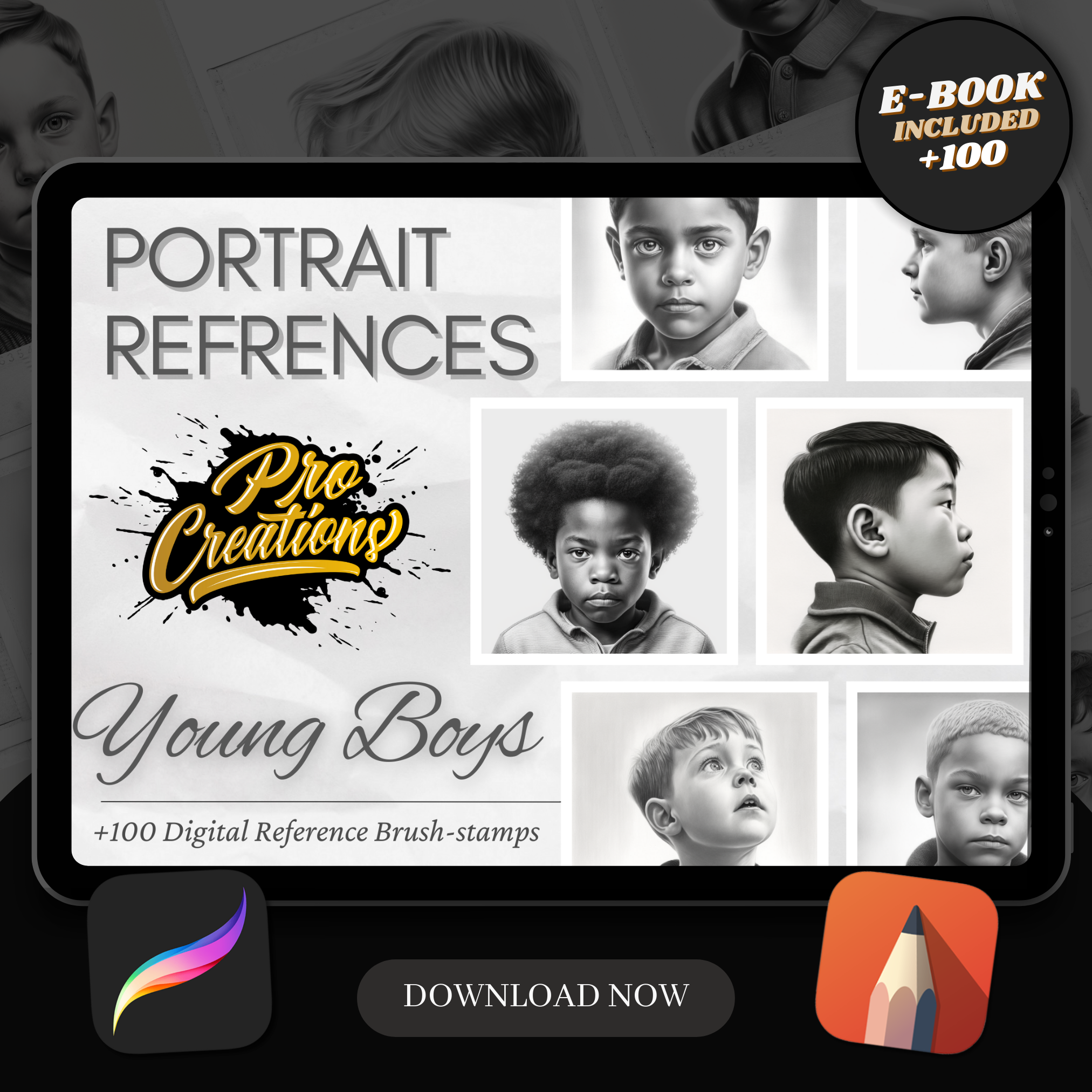 Colección de diseño digital de retratos de niños jóvenes: 100 imágenes de Procreate y Sketchbook
