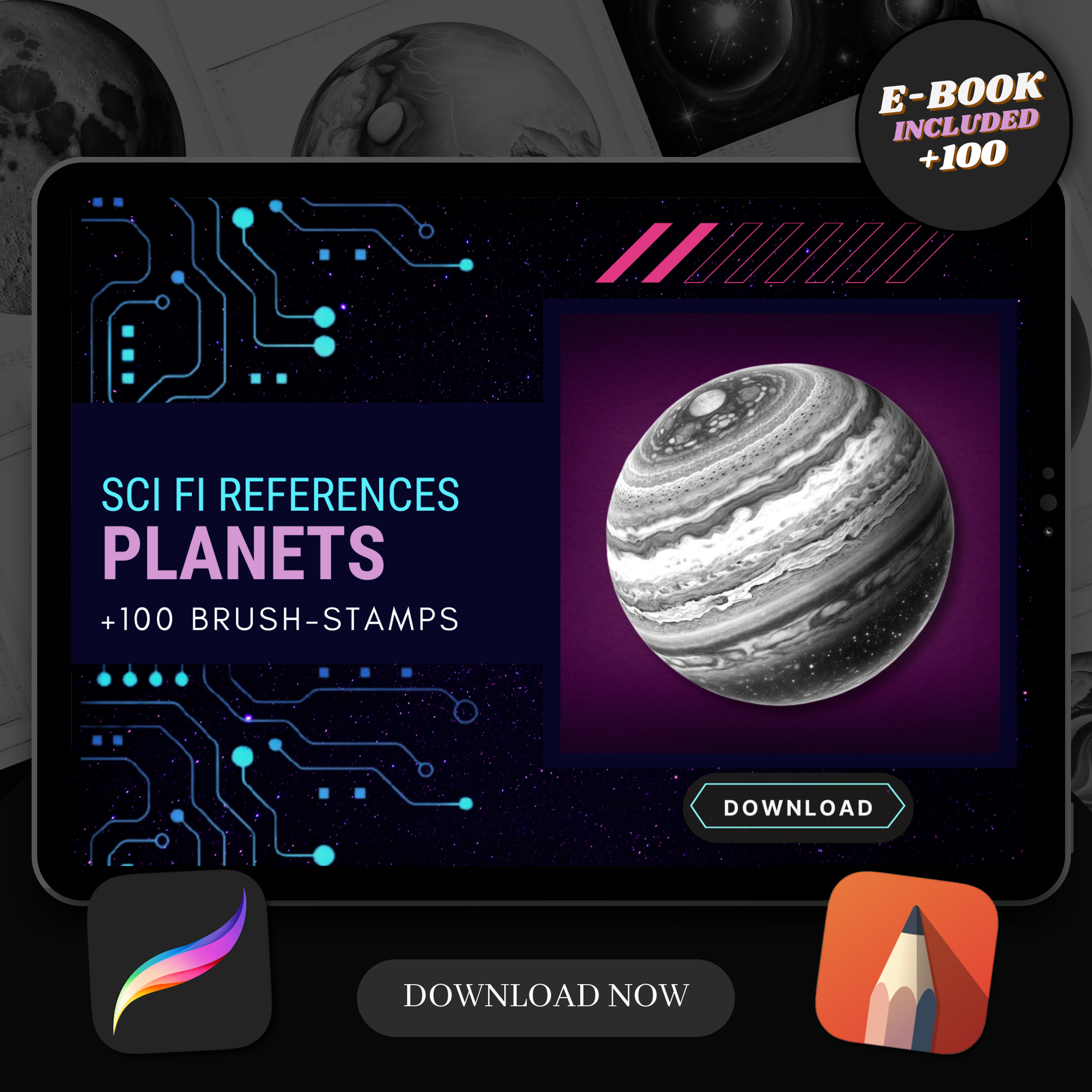 Colección de diseño de ciencia ficción digital Planets: 100 imágenes de Procreate y Sketchbook