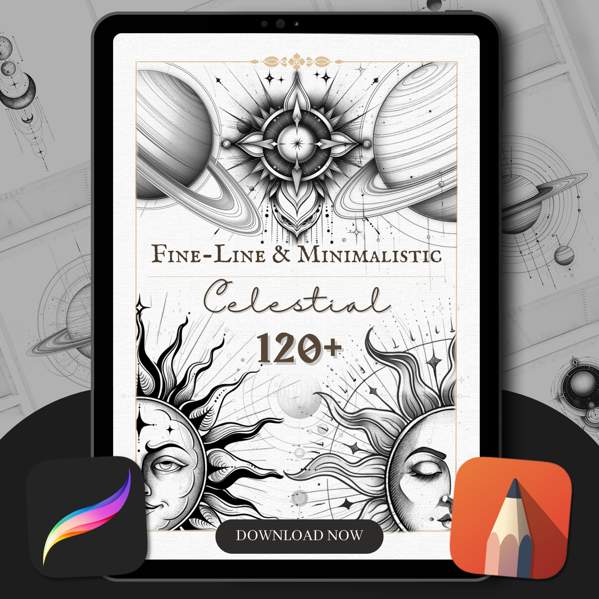 Fine Line & Minimalistic Celestial Flash Stamp Pack – Elegant Celestial Tattoo Designs for Procreate & Sketchbook