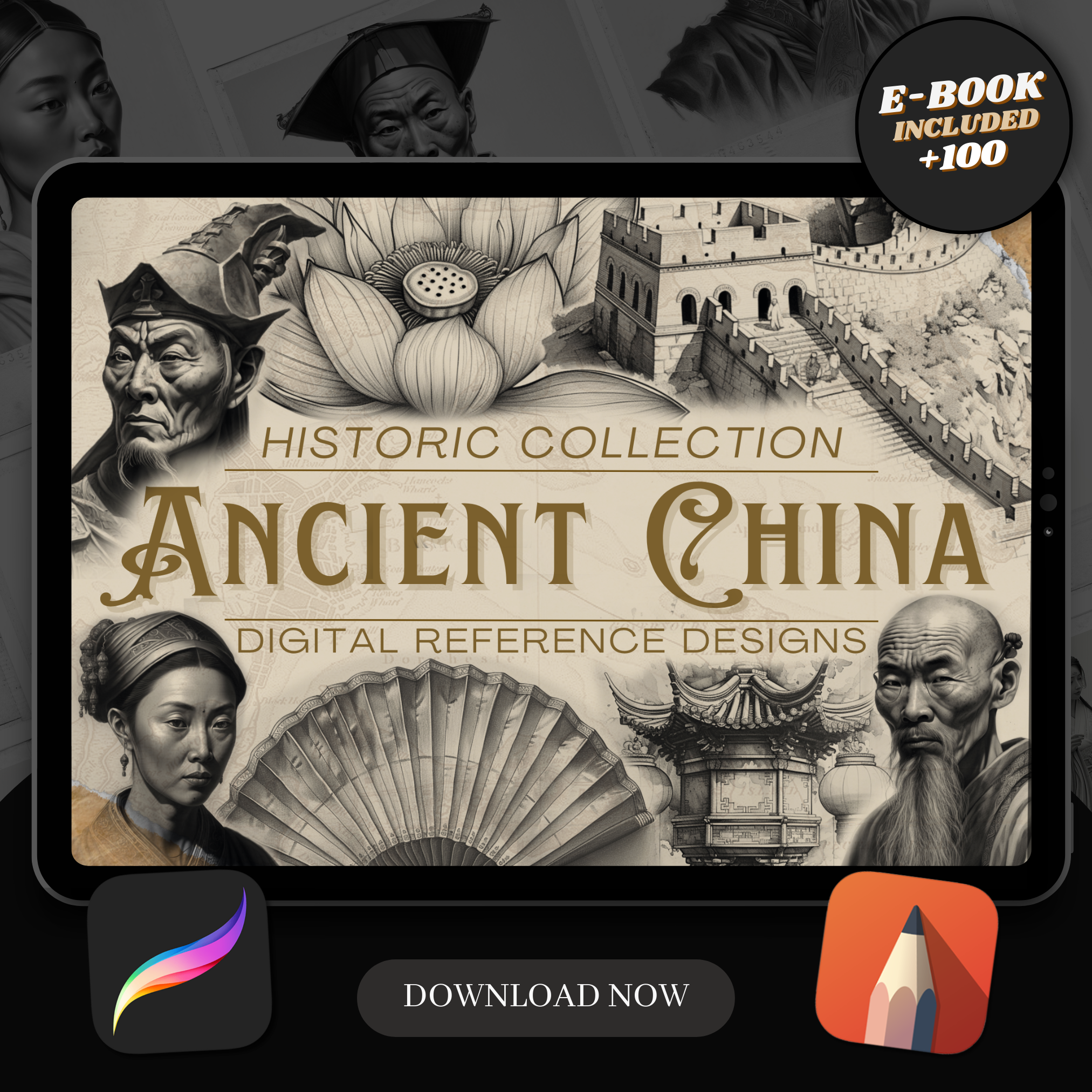 Digitale Designsammlung des alten China: 100 Procreate- und Skizzenbuchbilder