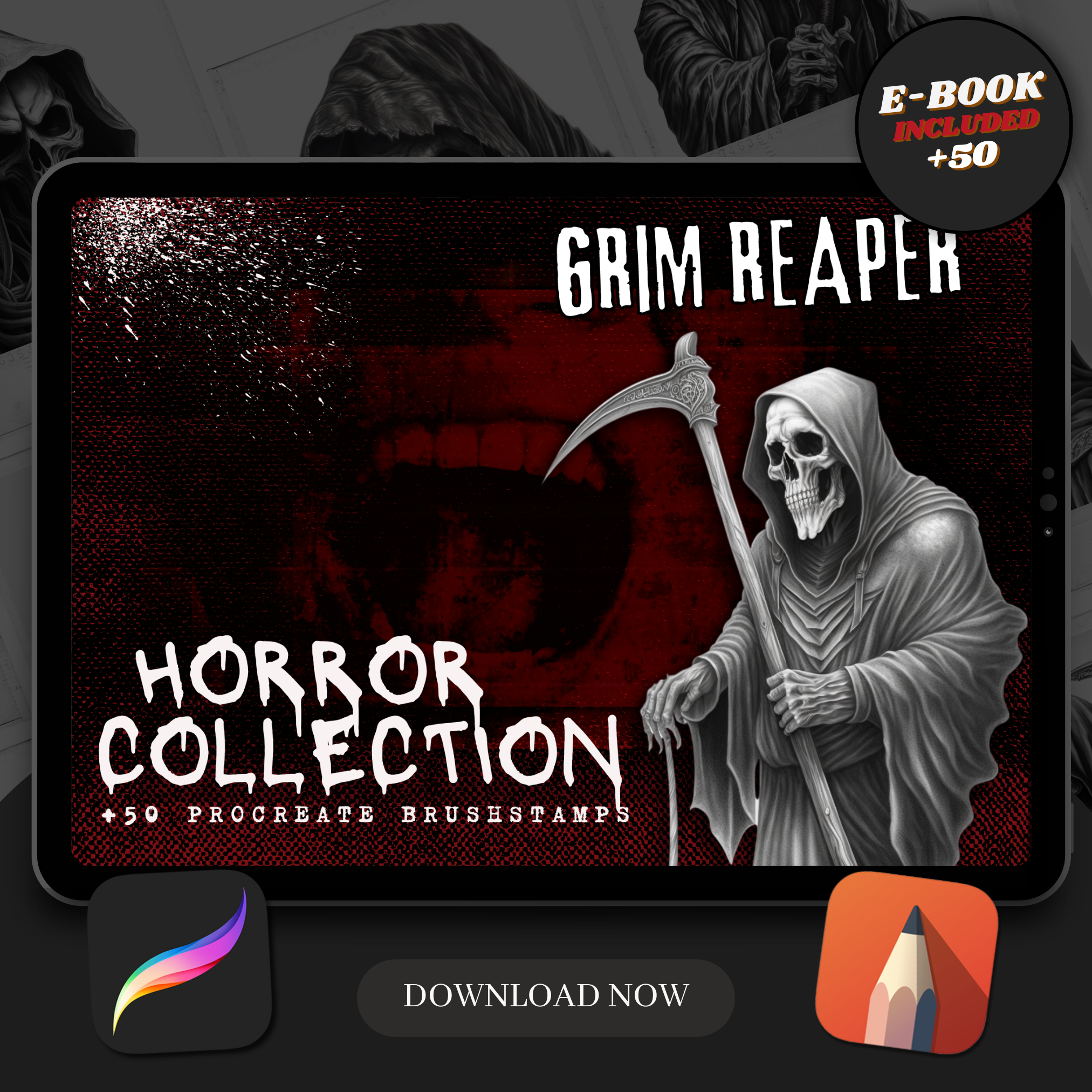 Colección de diseños de terror digital Grim Reapers: 50 imágenes de Procreate y Sketchbook