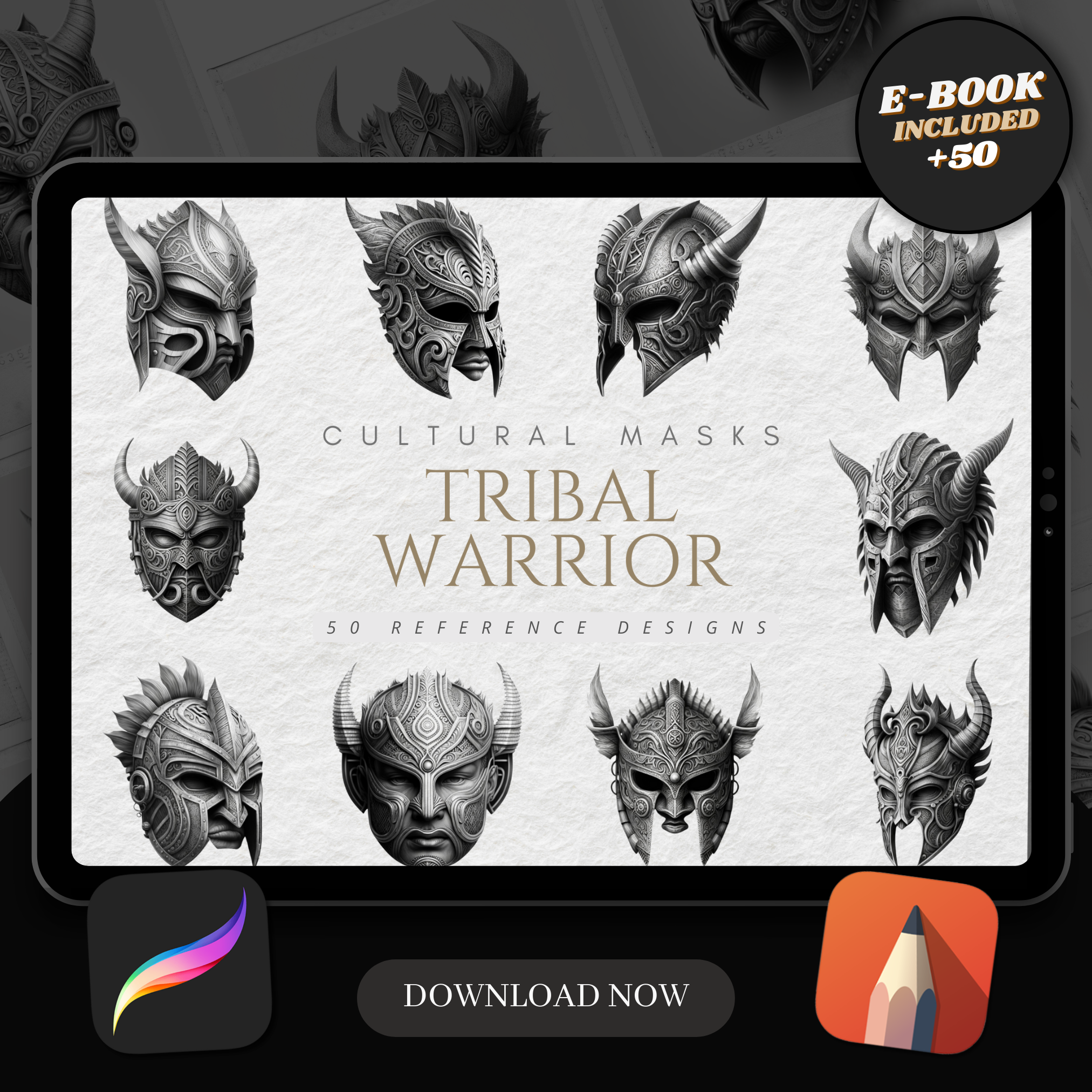 Colección de diseños de referencia digital de máscaras de guerreros tribales: 50 imágenes de Procreate y Sketchbook