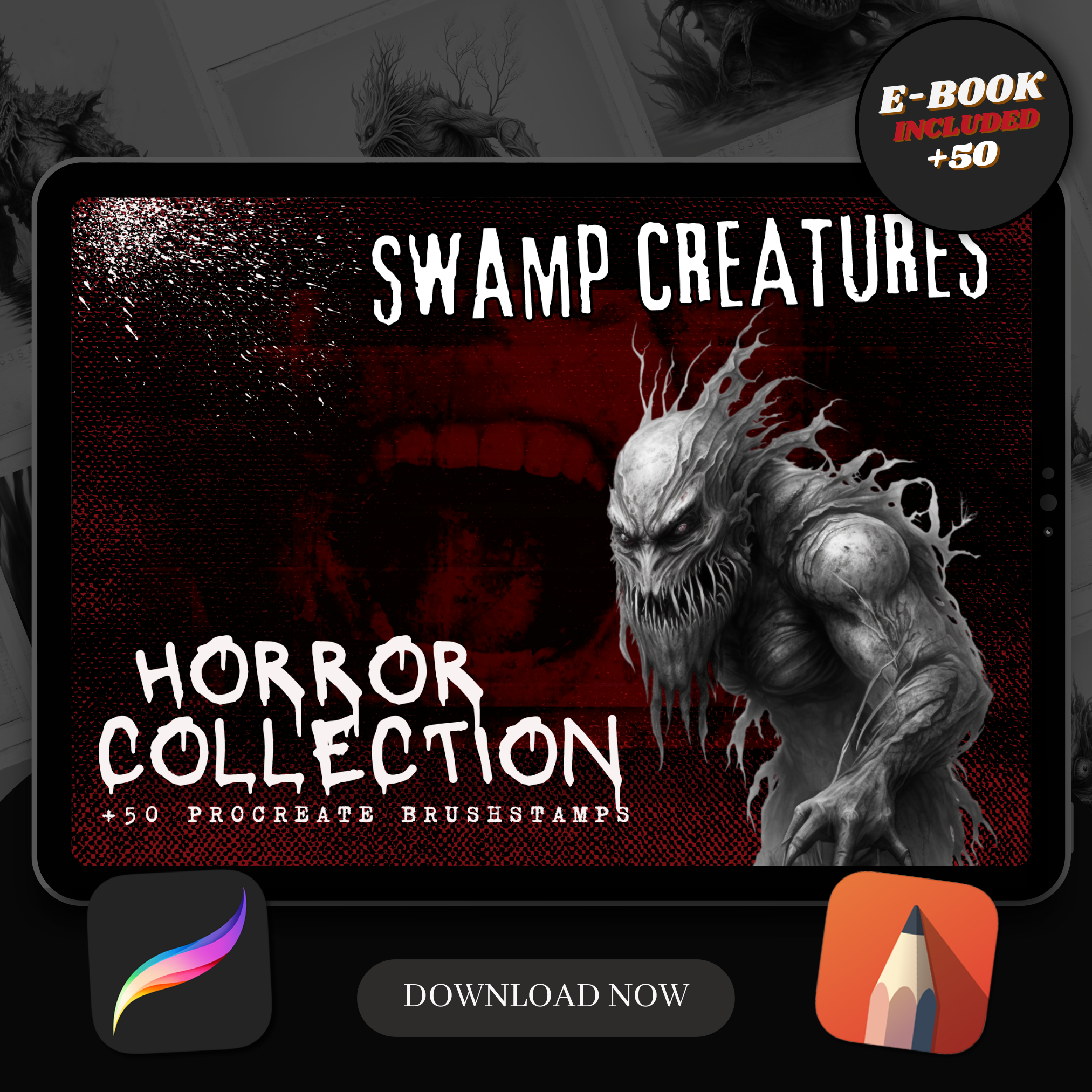Colección de diseños de terror digital Swamp Creatures: 50 imágenes de Procreate y Sketchbook