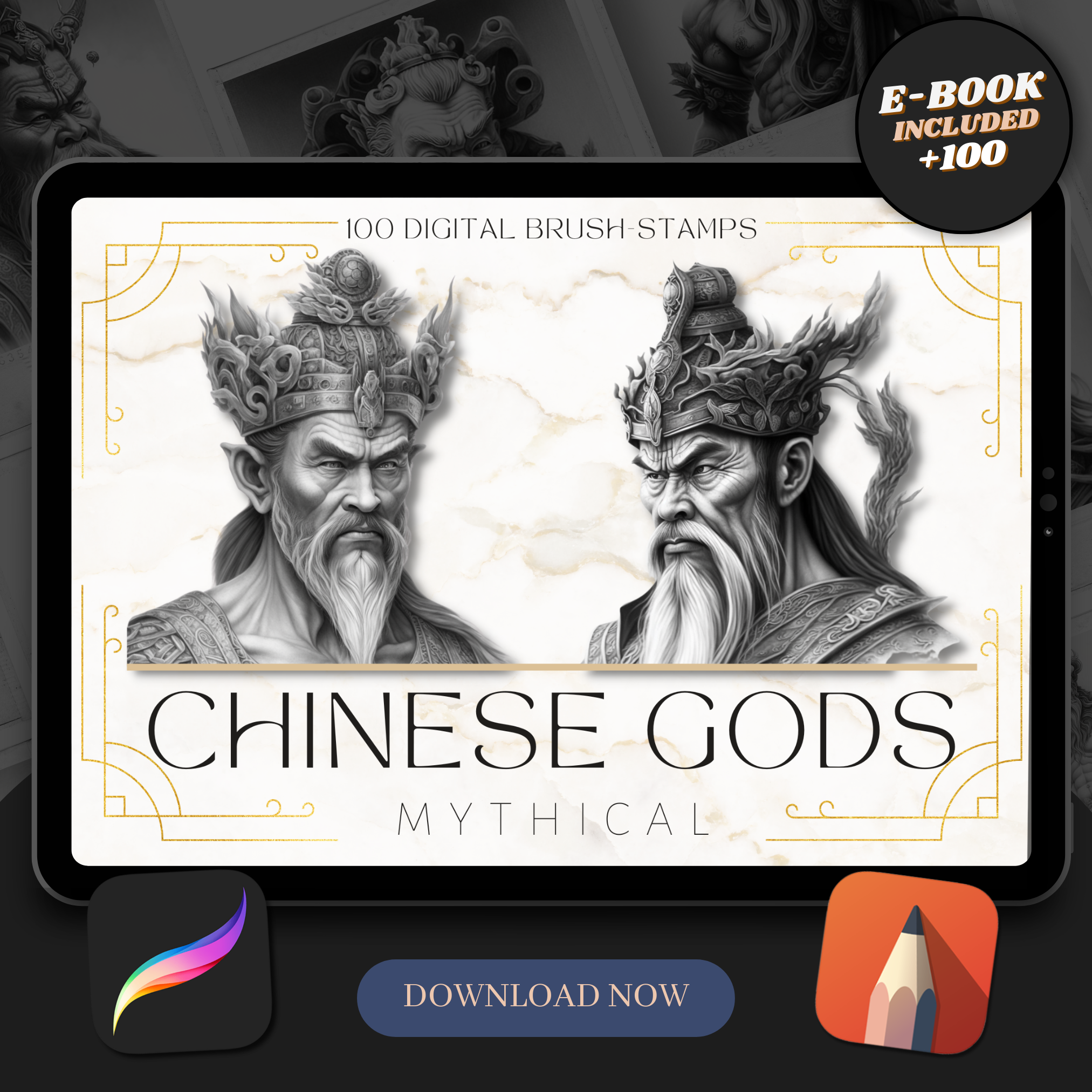 Chinese Gods Digital Design Collection: 50 Procreate & Sketchbook Images