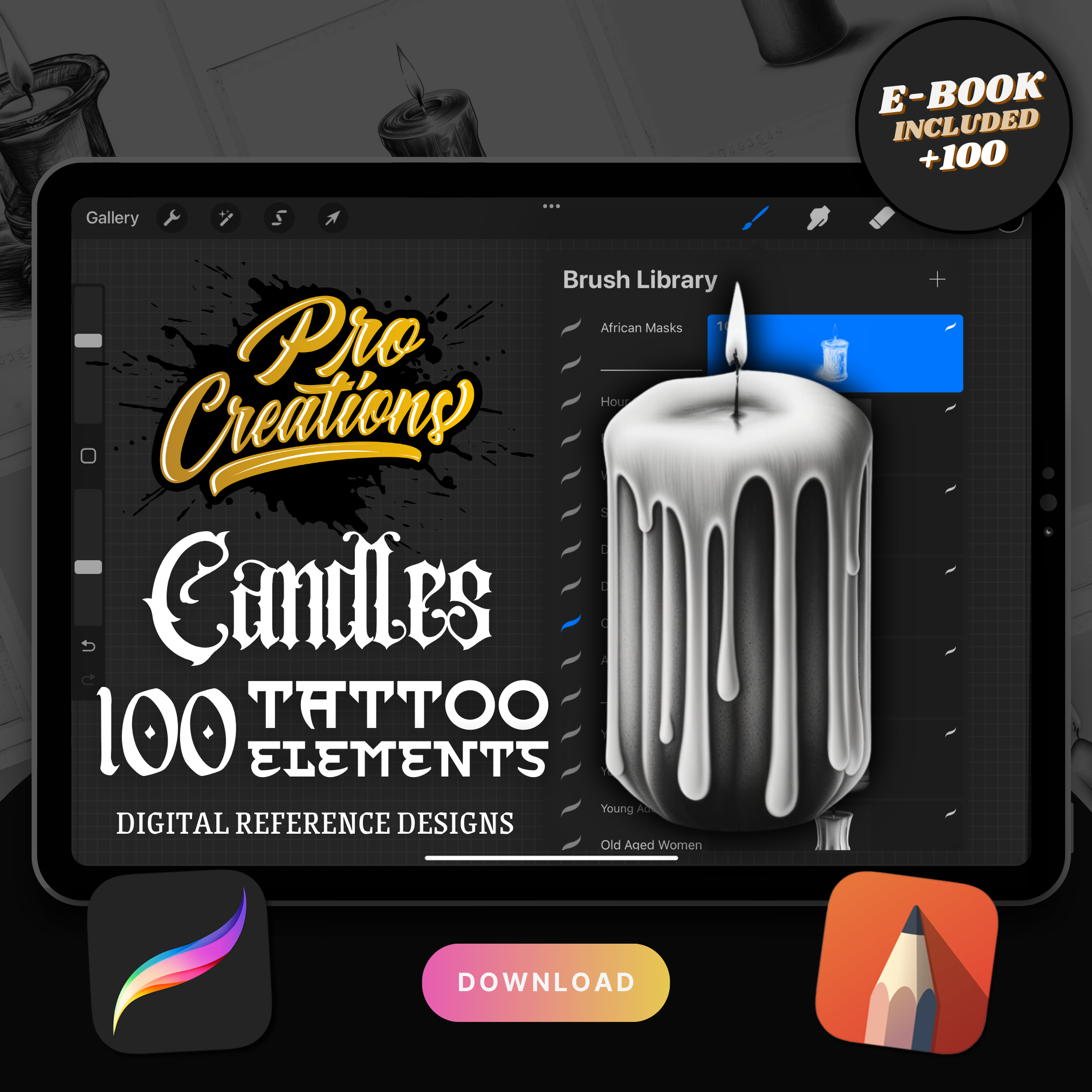 Colección de diseño de elementos de tatuaje digital de velas: 100 imágenes de Procreate y Sketchbook