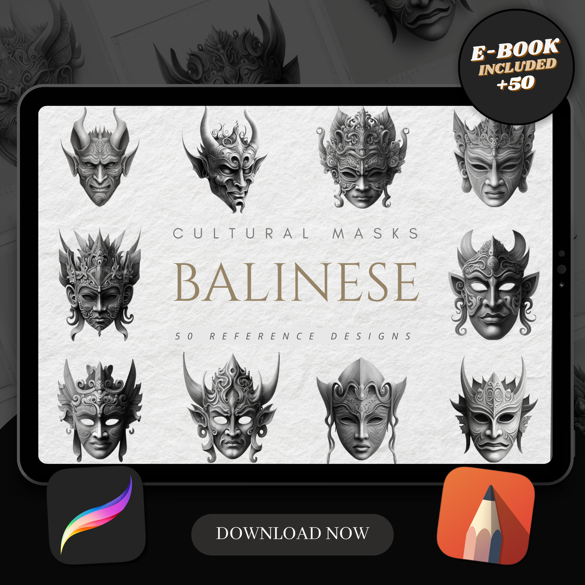 Digitale Referenzdesignsammlung „Bali-Masken“: 50 Procreate- und Skizzenbuchbilder