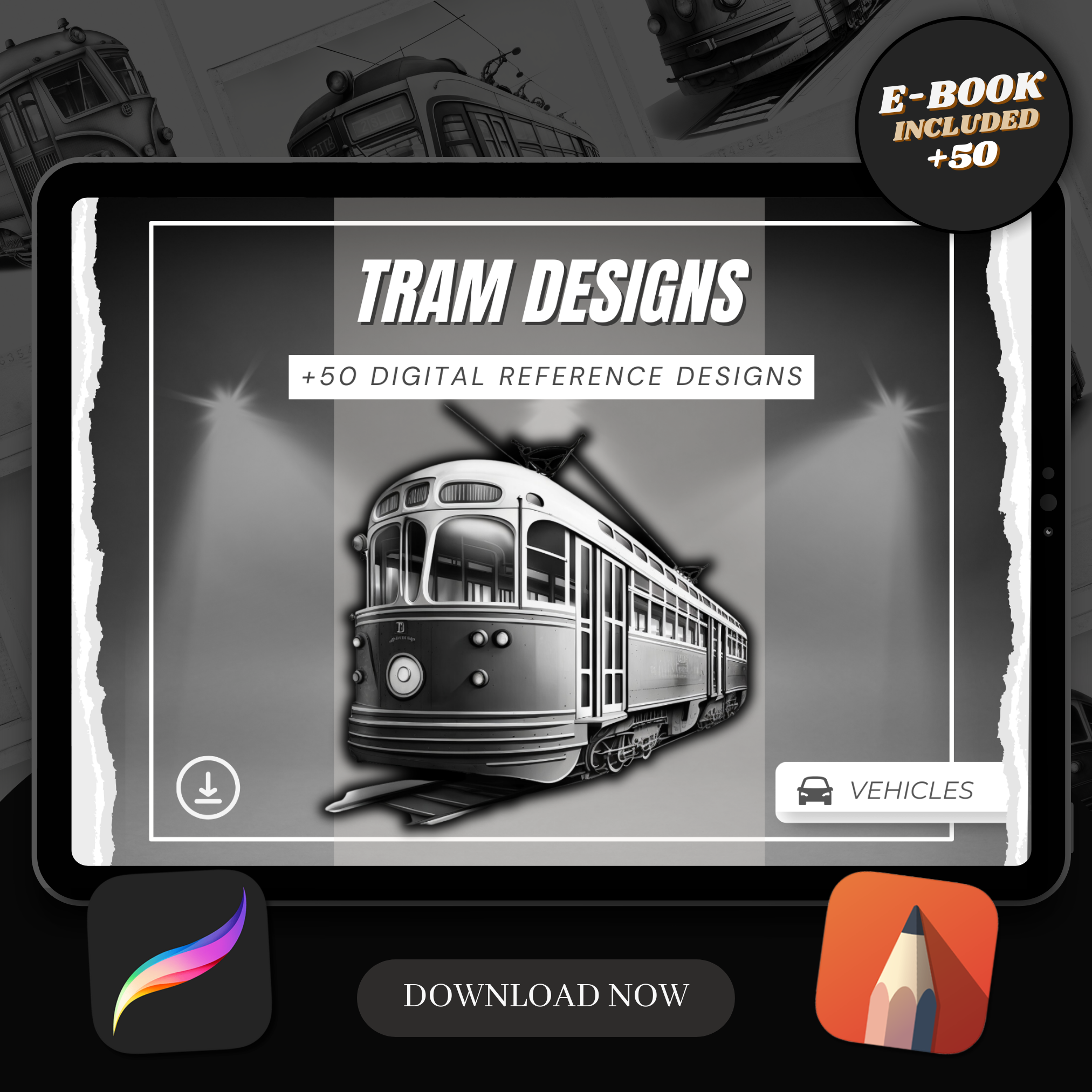 Digitale Designsammlung „Trams“: 50 Procreate- und Skizzenbuchbilder