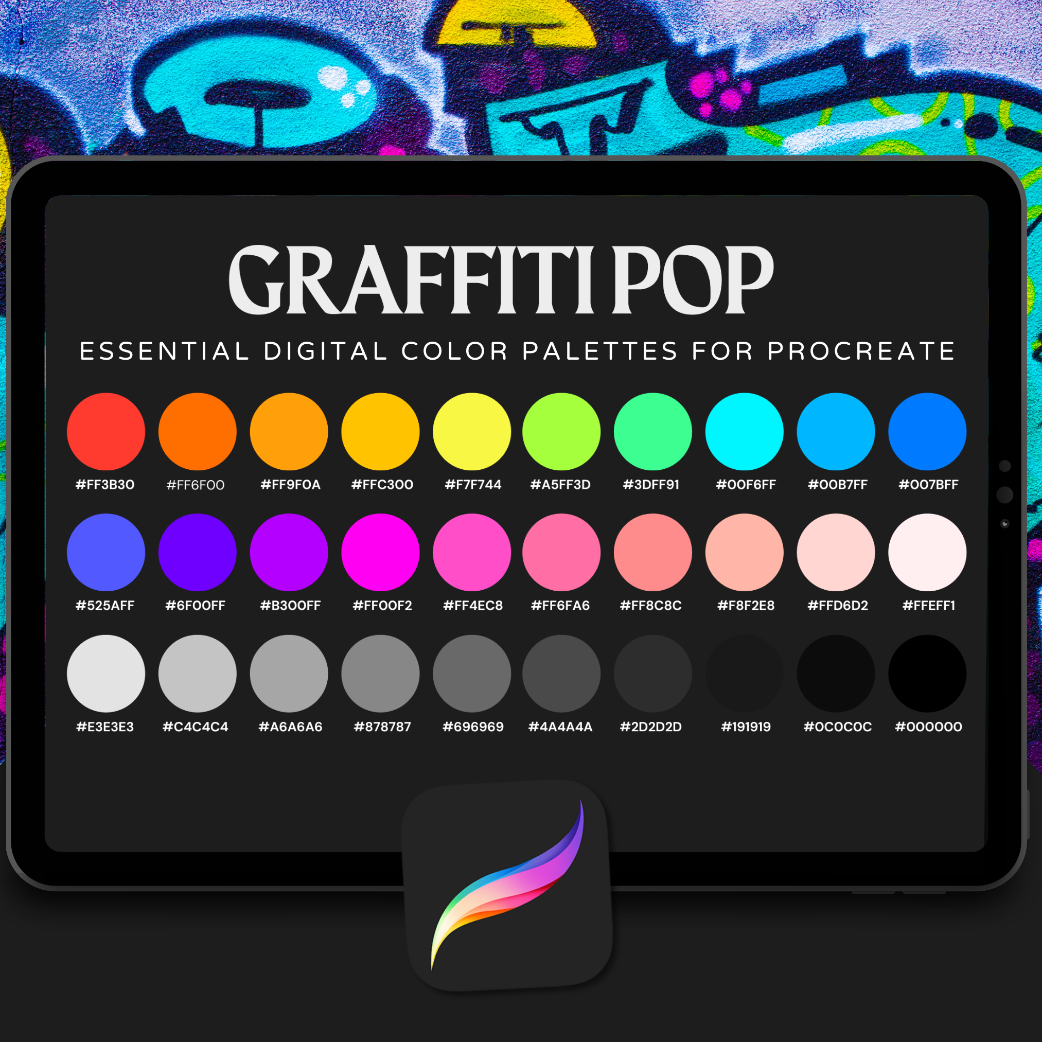 Graffiti Pop Color Palette for Procreate – Urban Neon Spray Tones + Hex Chart