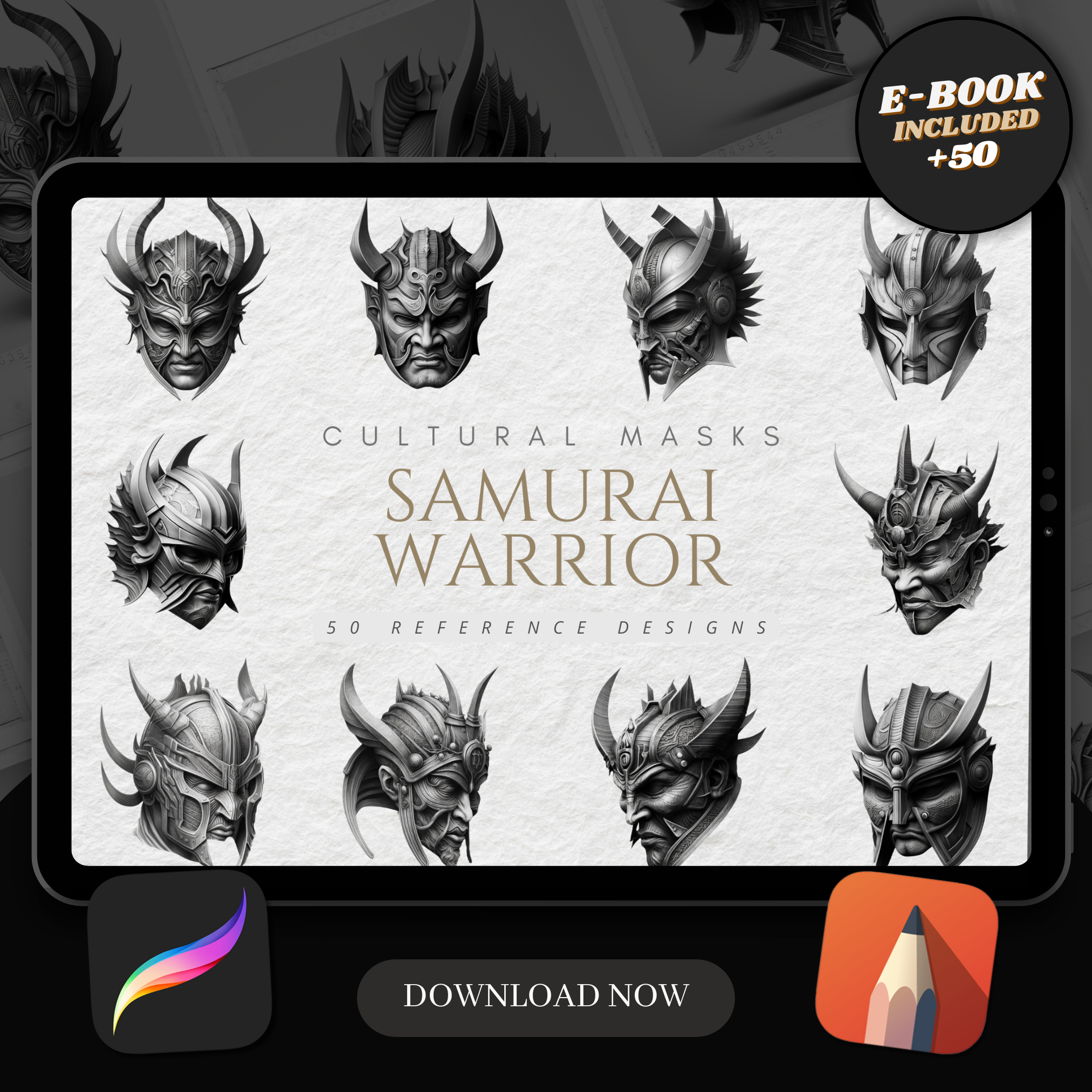 Colección de diseños de referencia digital de máscaras de guerreros samuráis: 50 imágenes de Procreate y Sketchbook