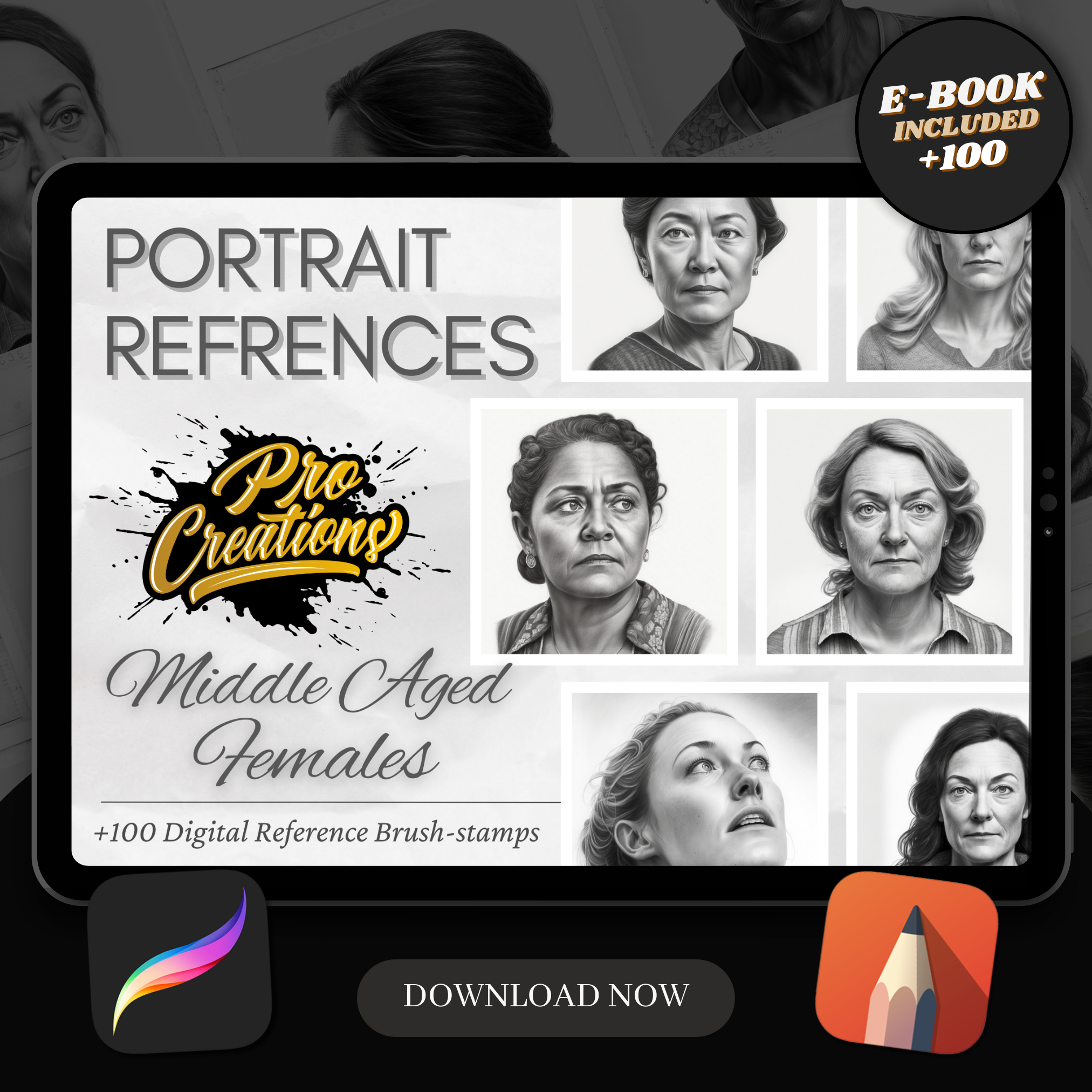 Colección de diseño digital de retratos de mujeres de mediana edad: 100 imágenes de Procreate y Sketchbook