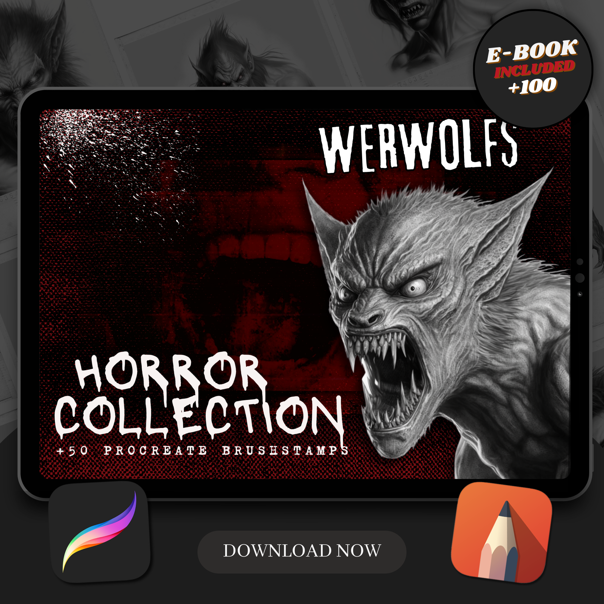 Colección de diseños de terror digital de hombres lobo: 50 imágenes de Procreate y Sketchbook"