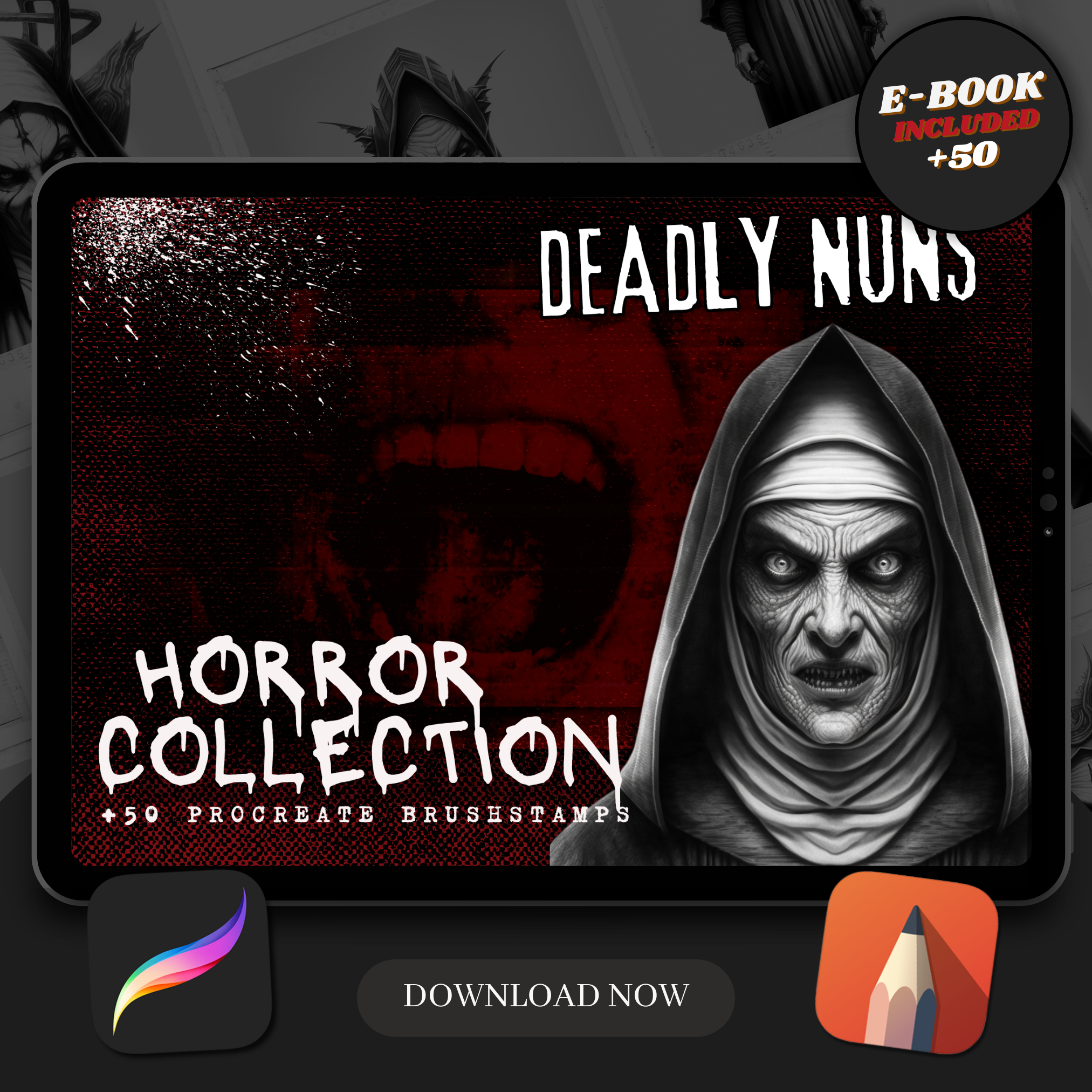 Nonnen Digitale Horror-Designsammlung: 50 Procreate- und Skizzenbuchbilder