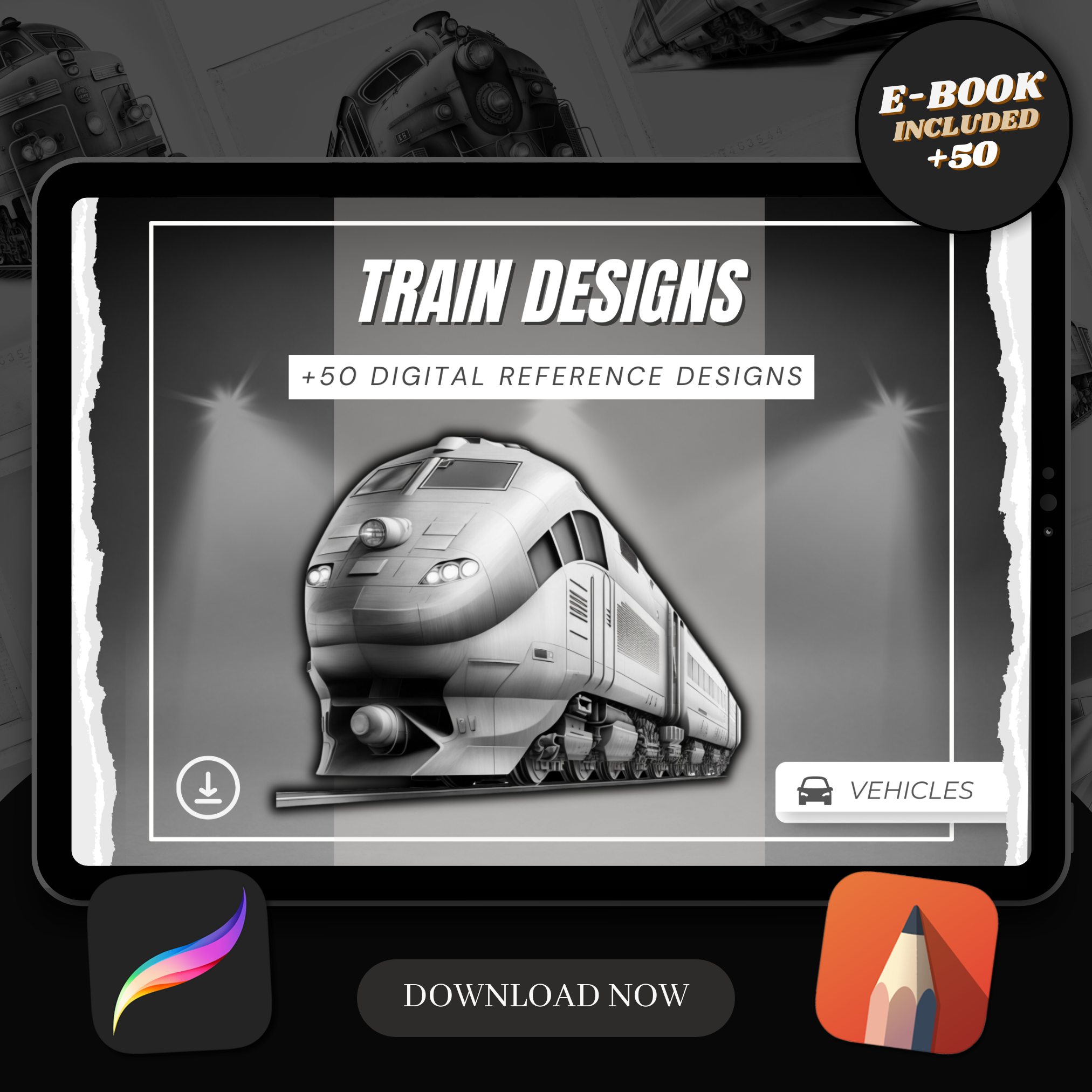 Trains Digital Design Collection: 50 Procreate & Sketchbook Images