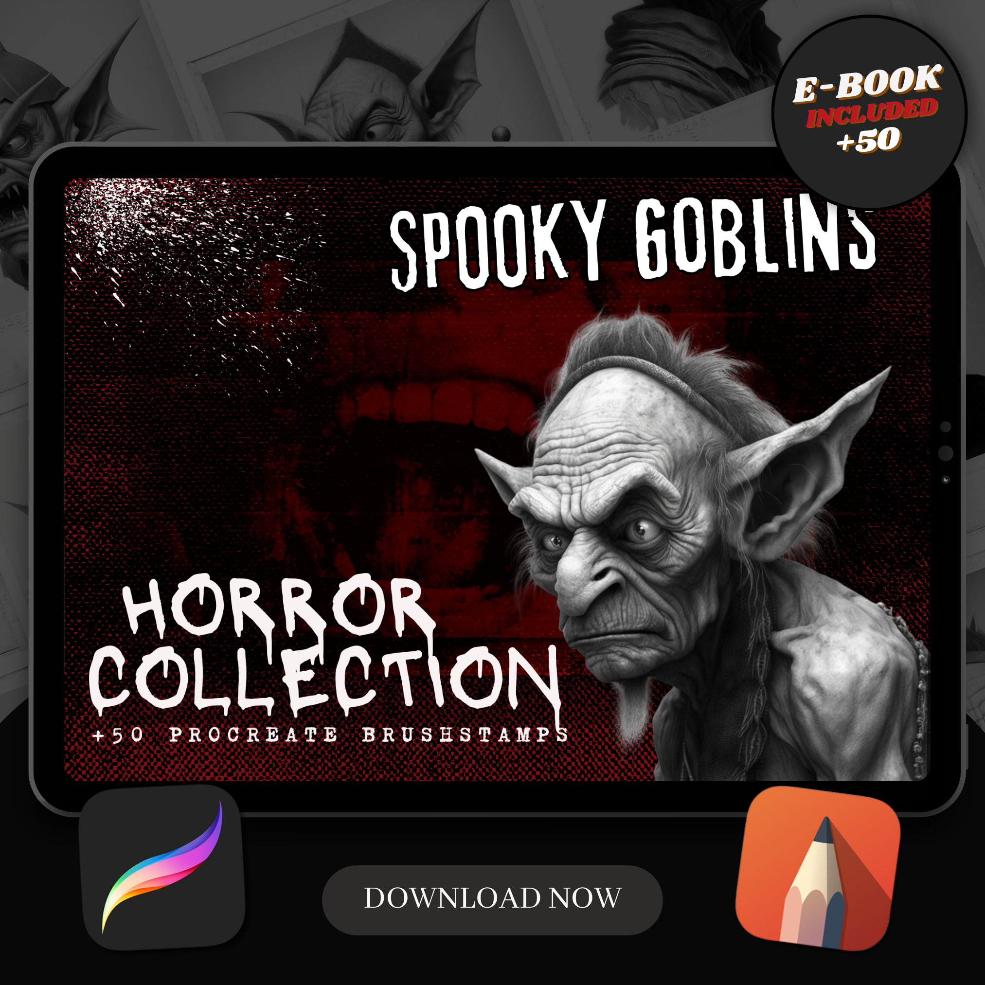Colección de diseños de terror digital Goblins: 50 imágenes de Procreate y Sketchbook 