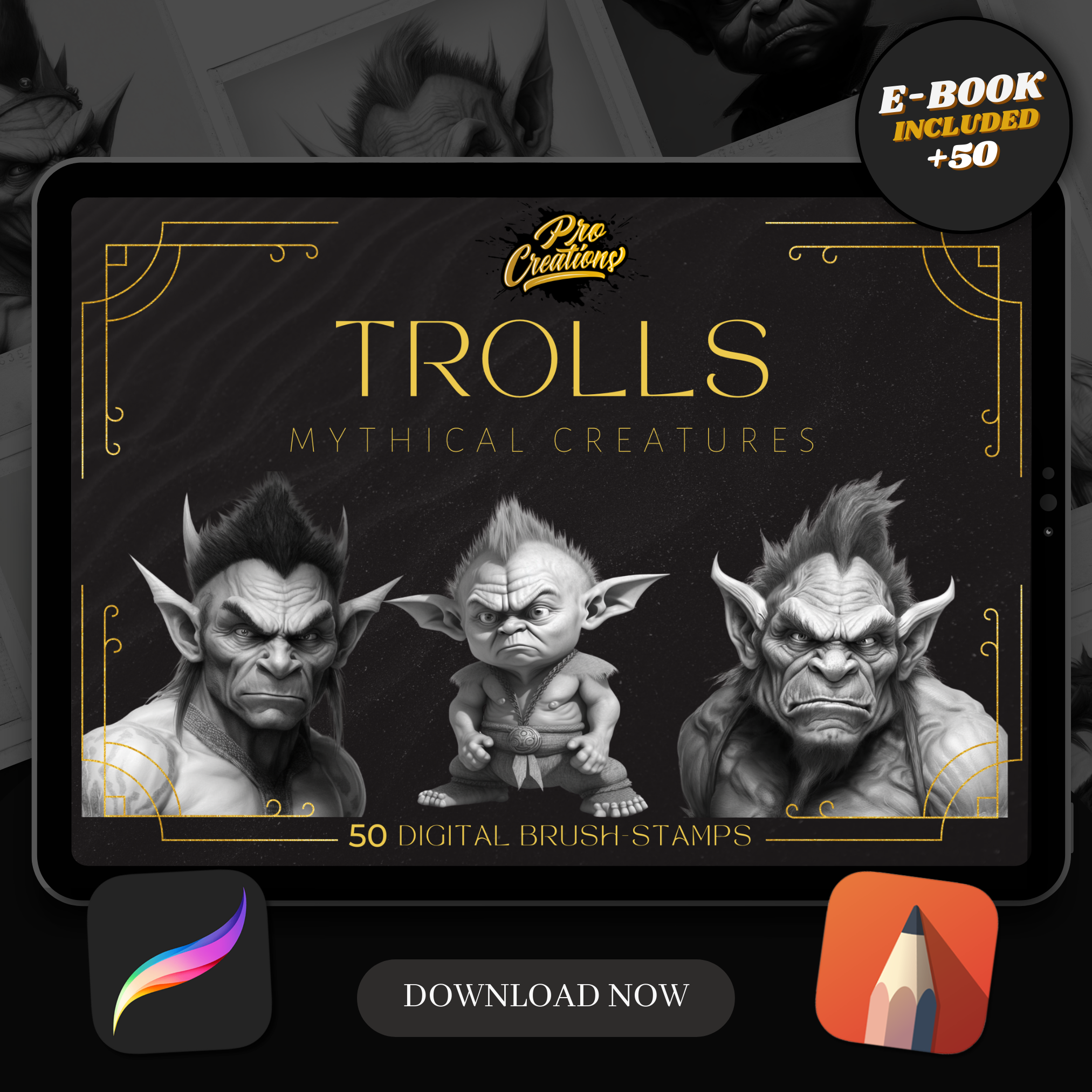 Colección de diseño digital Trolls: 50 imágenes de Procreate y Sketchbook