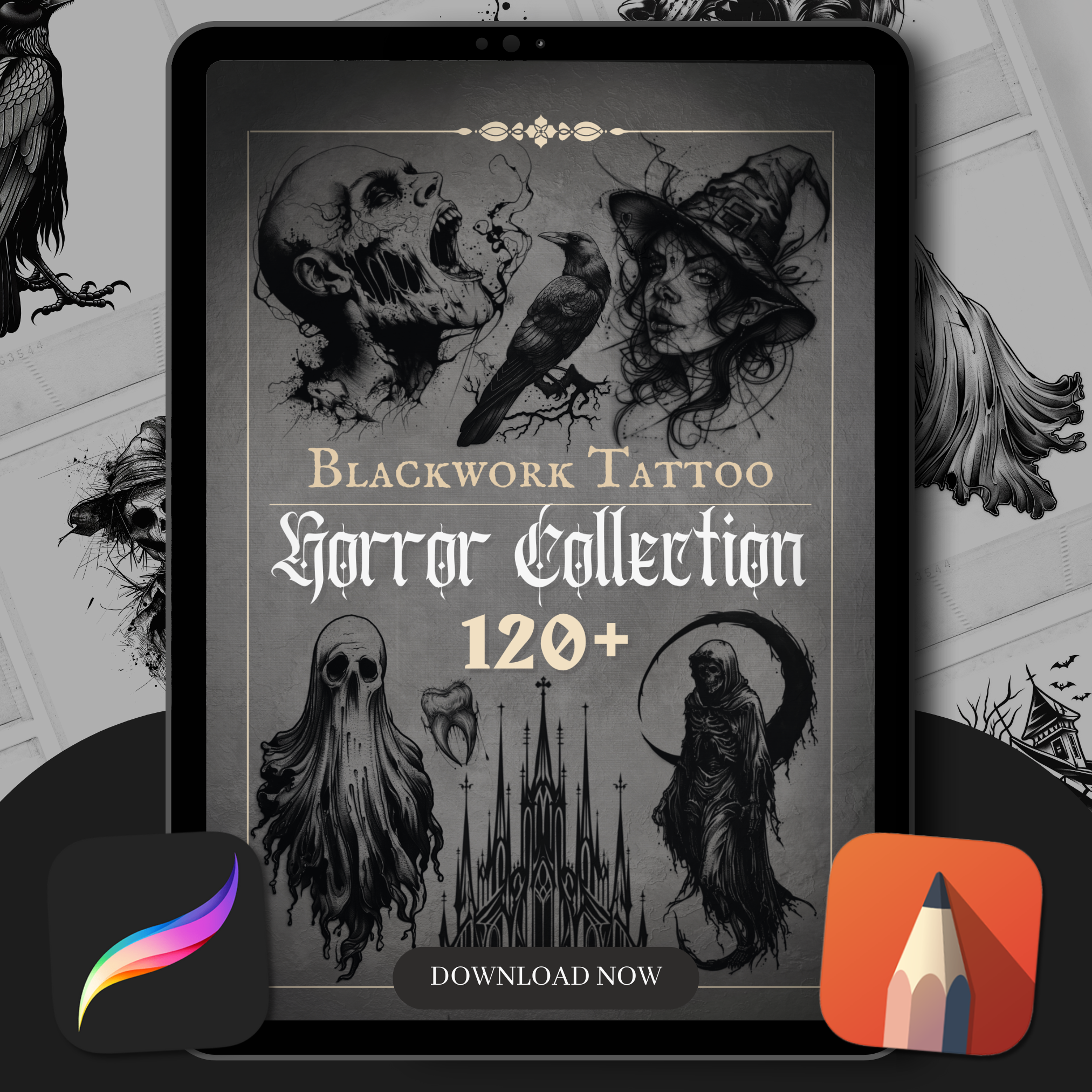 Blackwork Horror Flash Stamp Pack – Dark Tattoo Designs for Procreate & Sketchbook