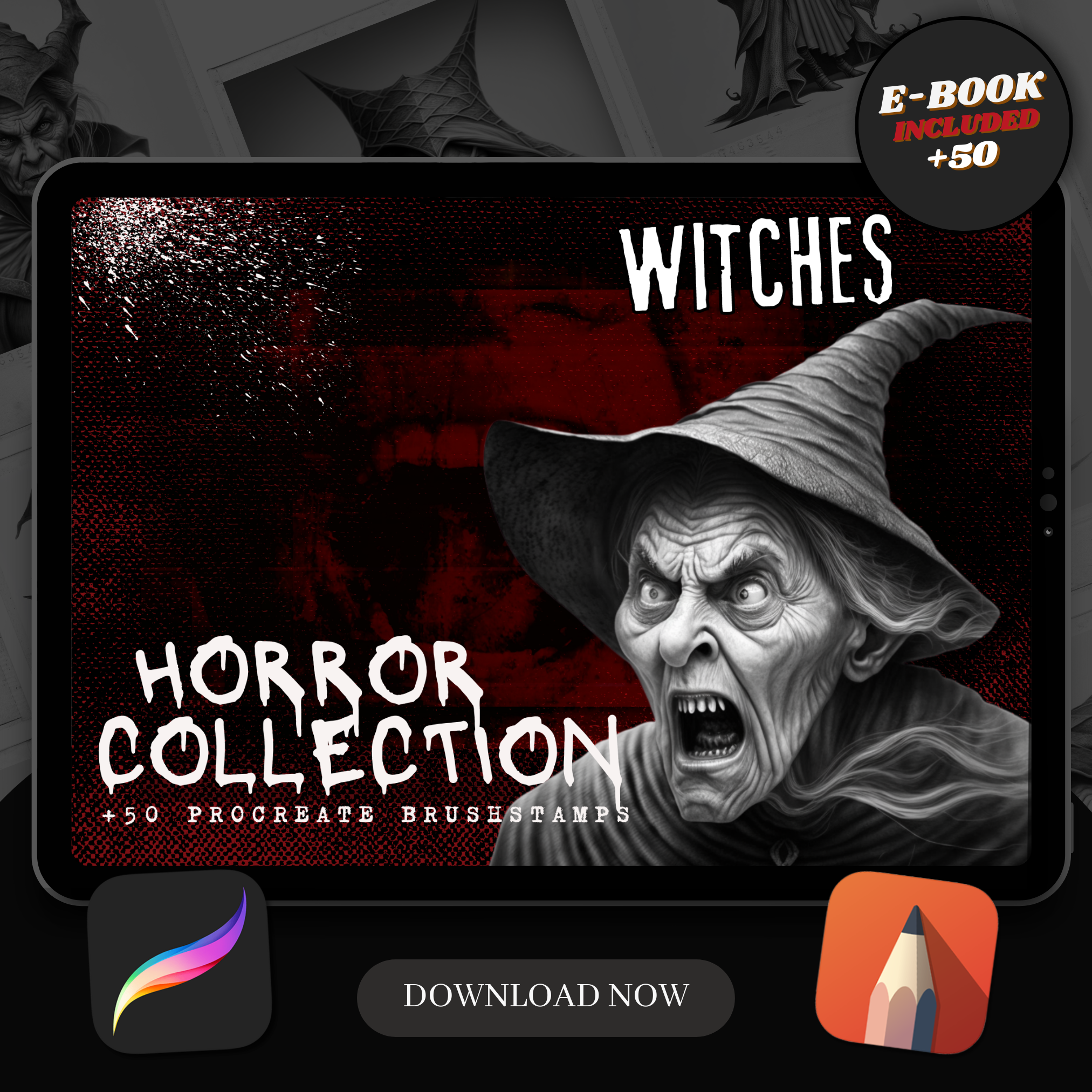 Colección de diseños de terror digital de brujas: 50 imágenes de Procreate y Sketchbook