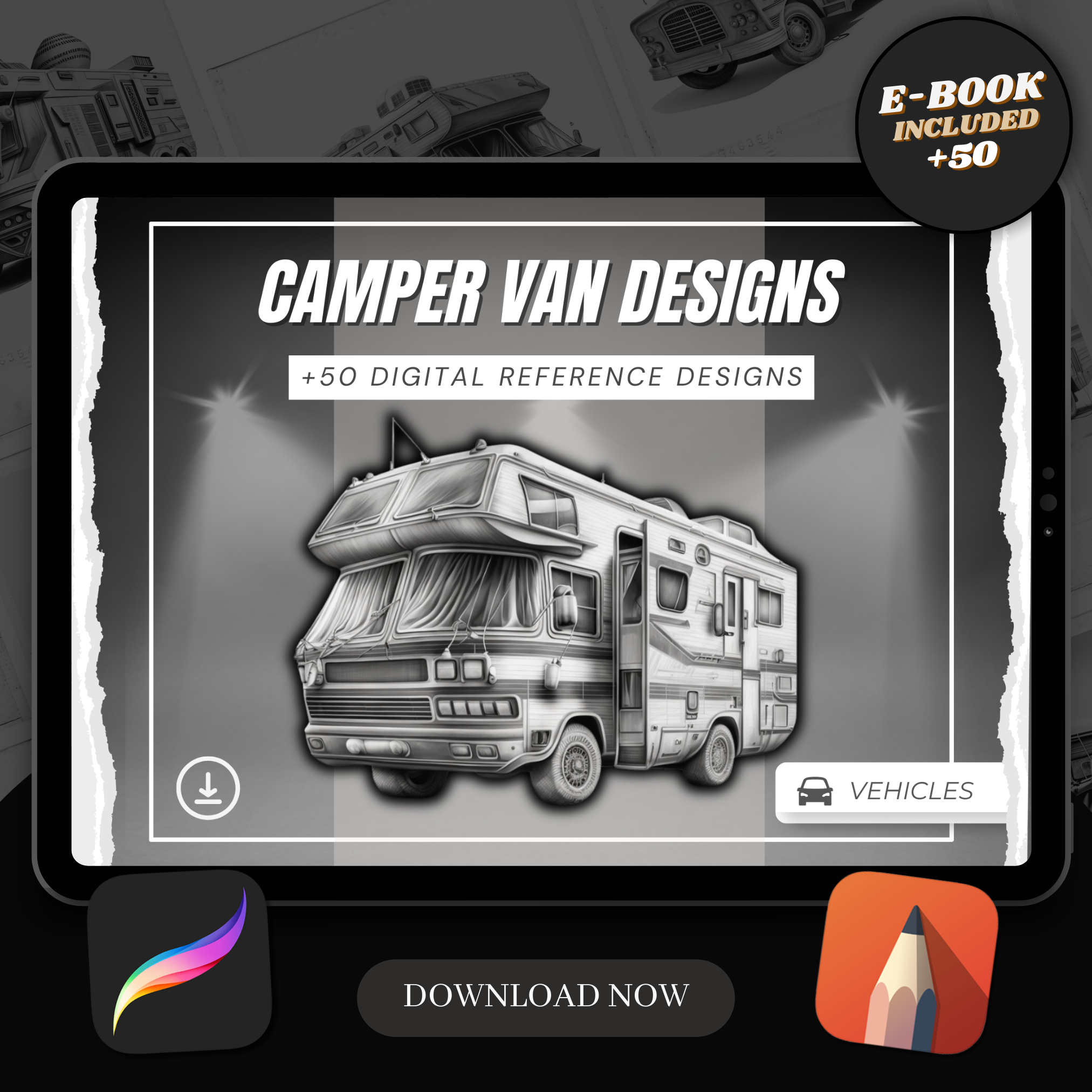 Camper Vans Digital Design Collection: 50 Procreate & Sketchbook Images
