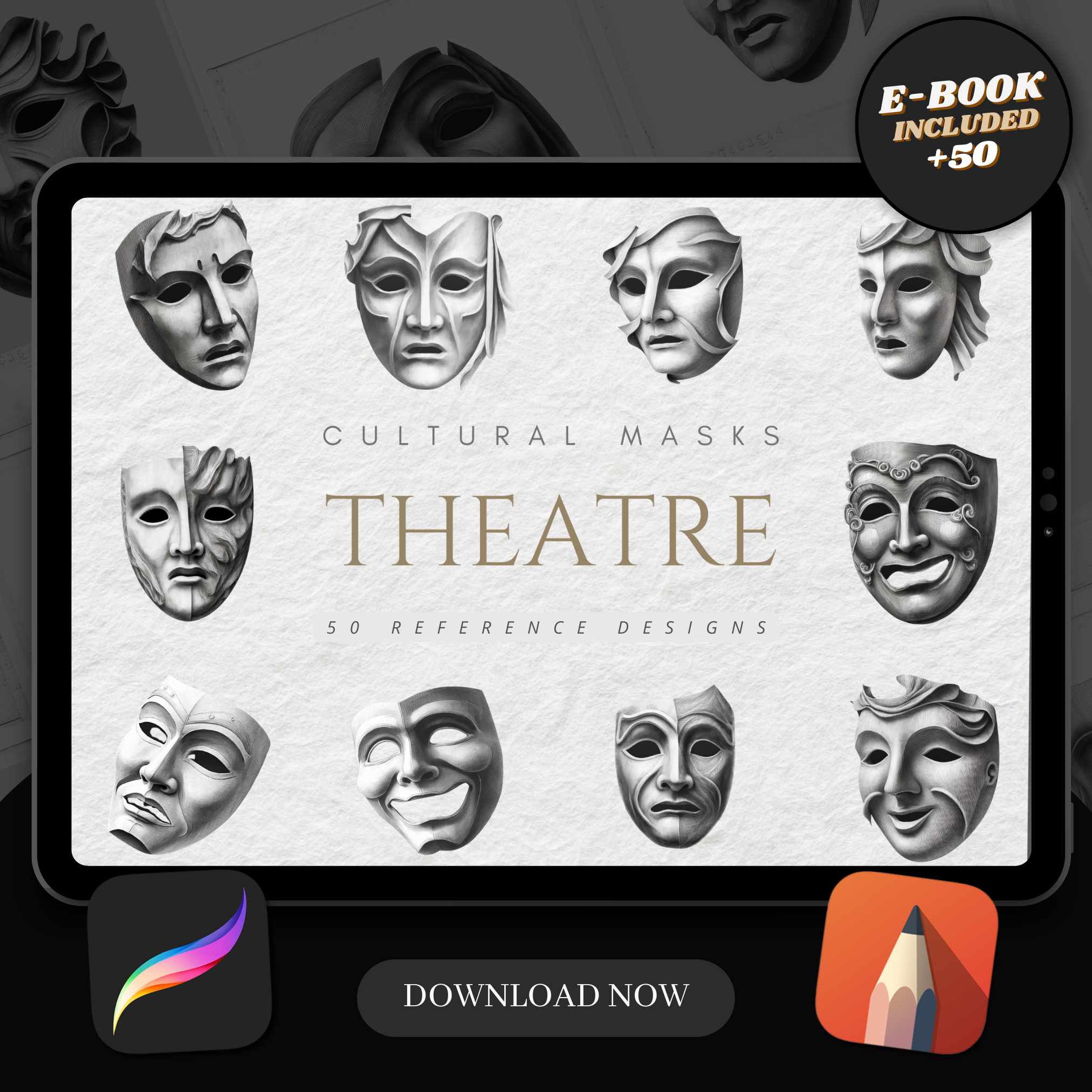 Digitale Referenzdesignsammlung für Theatermasken: 50 Procreate- und Skizzenbuchbilder
