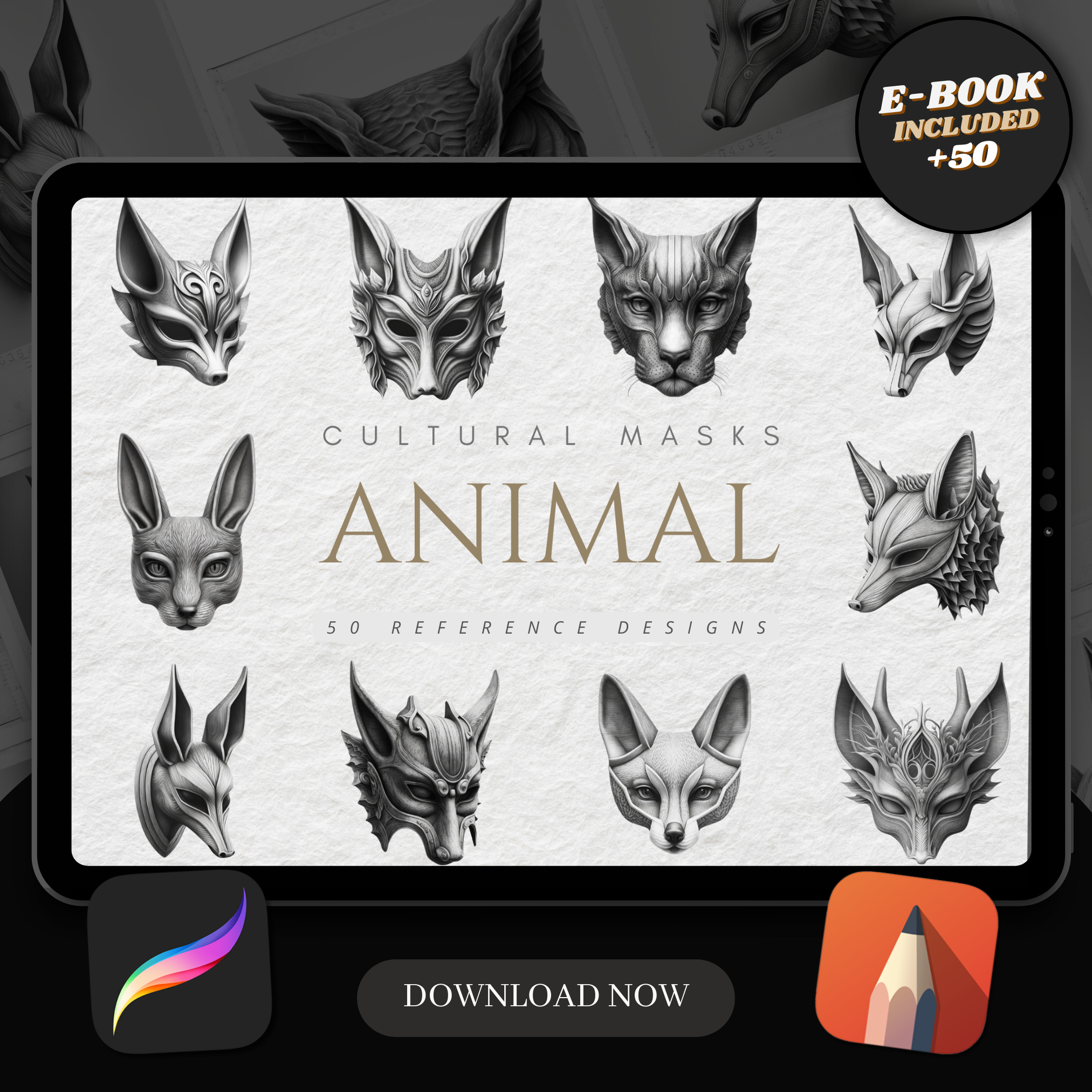 Colección de diseños de referencia digital de máscaras de animales: 50 imágenes de Procreate y Sketchbook
