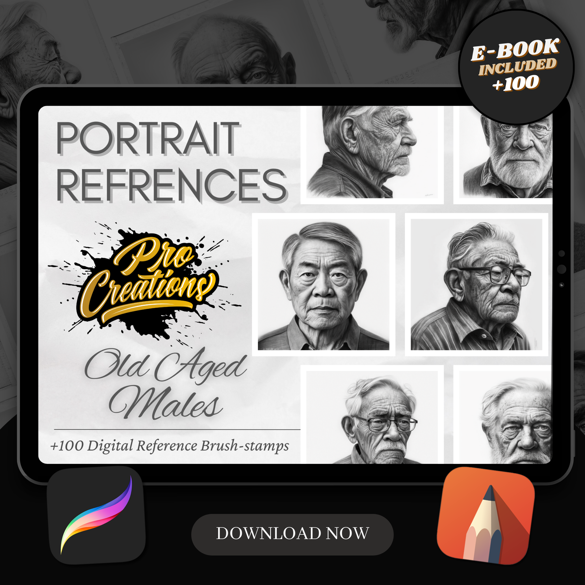 Old-Aged Men Portraits Digital Design Collection: 100 Procreate & Sketchbook Images